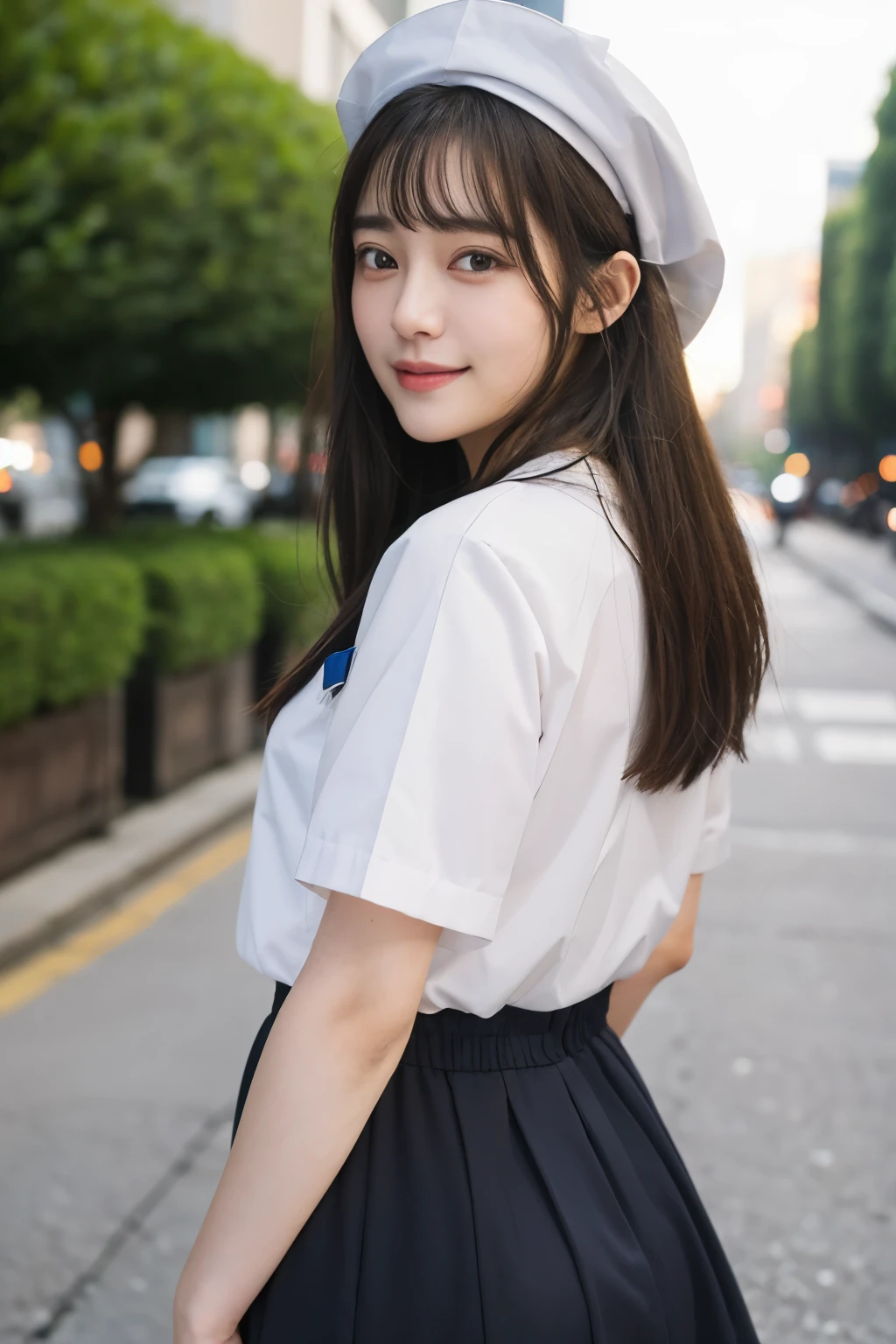 (8K、Raw photography、top-quality、masuter piece:1.2)、ultra-detailliert、ultra res、(realisitic、realisitic写真:1.37)、portlate、high-definition RAW color photography、Professional Photography、highly detailed and beautiful、ighly detailed、8K Picture Wallpaper、amazing detailed、huge filesize、Official art、Highly detailed CG Unity 8K wallpapers、highly detailed beautiful girl、ighly detailedな顔、ighly detailedな目、ighly detailedな肌、ighly detailedな指、highly detailed nose、ighly detailedな詳細な口、Perfect Anatomy、highly detailed back ground、Highly detailed clothing、女の子 1 人、(18:1.2)、、cute little女の子の面白い日本のアイドル、cute little、realisiticな体つき、小柄、de pele branca、glistning skin、Slim body、Handsome body、brown haired、tied long hair(Blunt bangs:1.2)、A smile、kawaii、zora々Right、kawaii faces、Lifelike face、Delicat eyes、Sauce order、White shirt、skirt by the、耳环、Looking at the camera、cowboy  shot、front facing、Contrapo, high street,  动态照明,((((White nurse))))、hospitals、hospitals部屋、nurse's outfit、Hats