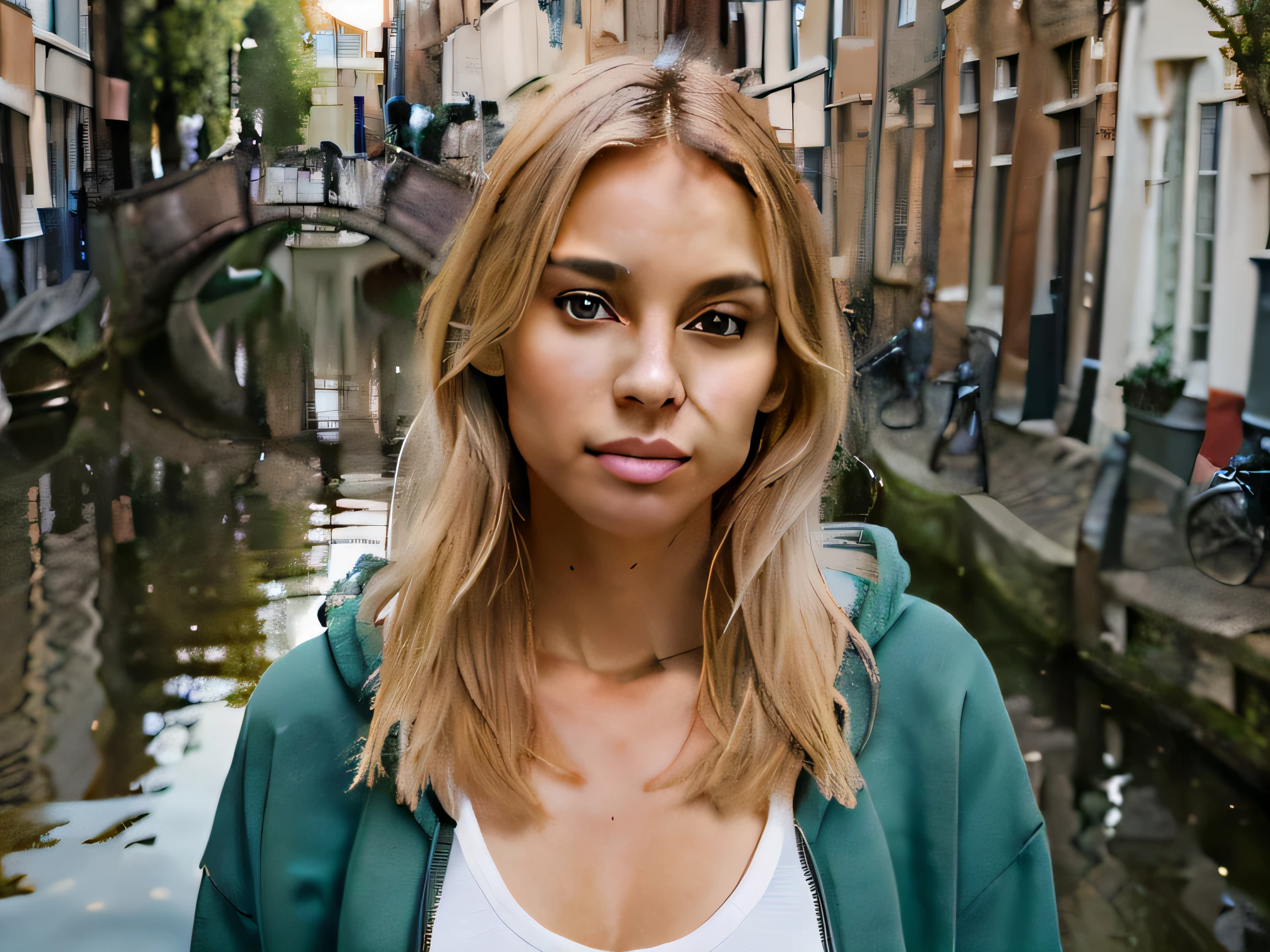 A sexy beautiful model with green eyes, blond hair, tanned skin, 50 mm portrait, in utrecht, canals, With a hoodie on from balenciaga