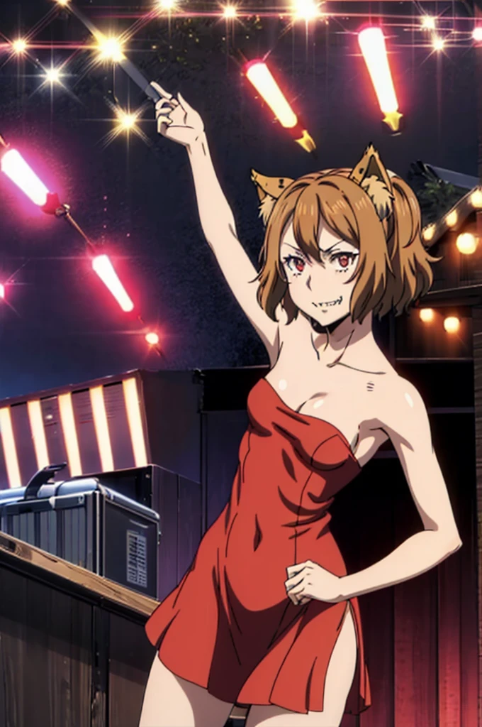 Nakanishi Eruza, armpit, evening dress, red dress, revealing dress, sexy dress, short dress, bare shoulders, arm up, fixing hair, smile, animal ears, tail, 1 girl, solo, looking at viewer, in the center, sharp teeth, arm on hip, breasts out, topless, small breasts, sweat.