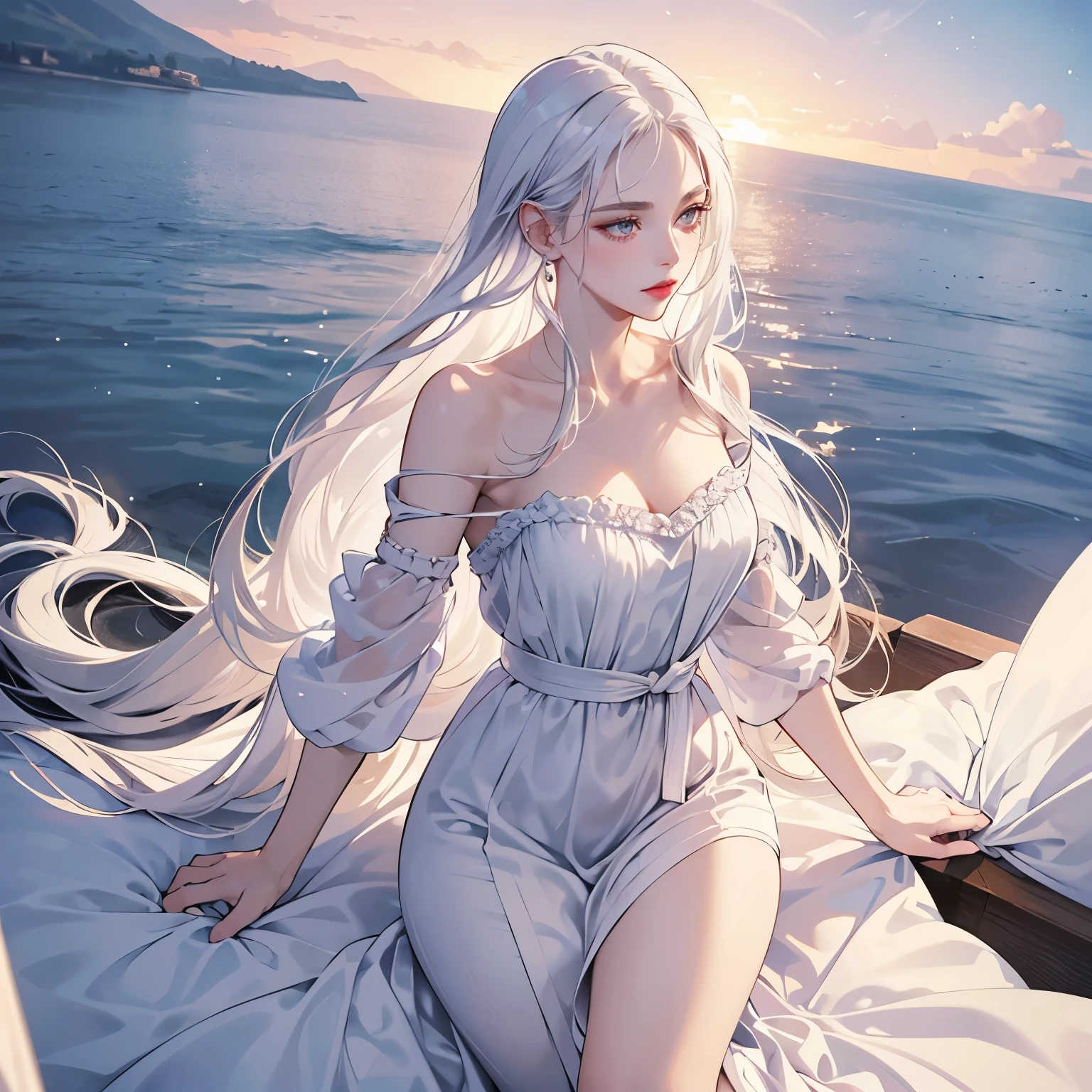 (ultra-detail), 1 cutegirl, delicate face, cold face, beautiful, sharp face, plump red lips, slim body, slim waist, medium chest, seductive, luxurious, noble, white hair, delicate face, light lavender eyes, platinum long hair, white Greek dress, Greek goddess dress, in a mythological lake, inocent girl