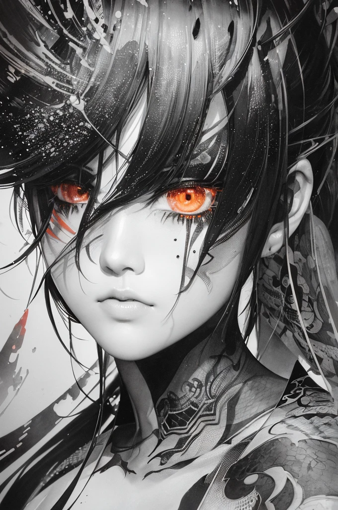 face portrait of MeiyuCipher 1girl orange spike aura in motion, damaged chinese clothes, floating pieces, trending on artstation, sharp focus, intricate details, highly detailed, detailed face (ink and watercolor painting, brushstrokes, by Russ Mills and Yoji Shinkawa) best quality, absurdres, (negative space) ,