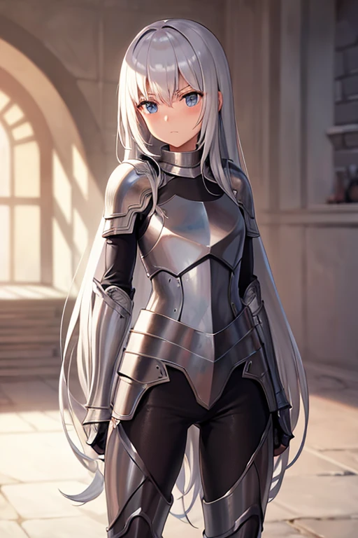 knight, field, silver armor, solo, man, long hair, upset, blushing, thin waist