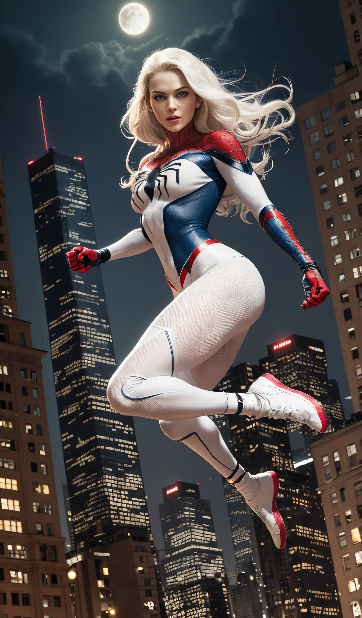 (Masterpiece, 4k resolution, ultra-realistic, very detailed), (White superhero theme, charismatic, there's a girl on top of town, wearing Spider-Man costume, she's a superhero), [ ((25 years), (long white hair:1.2), full body, (blue eyes:1.2), ((Spider-Man pose),show of strength, jumping from one building to another), ((sandy urban environment):0.8)| (cityscape, at night, dynamic lights), (full moon))] # Explanation: The Prompt mainly describes a 4K painting of ultra-high definition, very realistic, very detailed. It shows a superheroine at the top of the city, wearing a Spider-Man costume. The theme in the painting is a white superhero theme, the female protagonist has long white hair, is 25 years old and her entire body is shown in the painting. In terms of portraying the actions of superheroines, spiders are employed