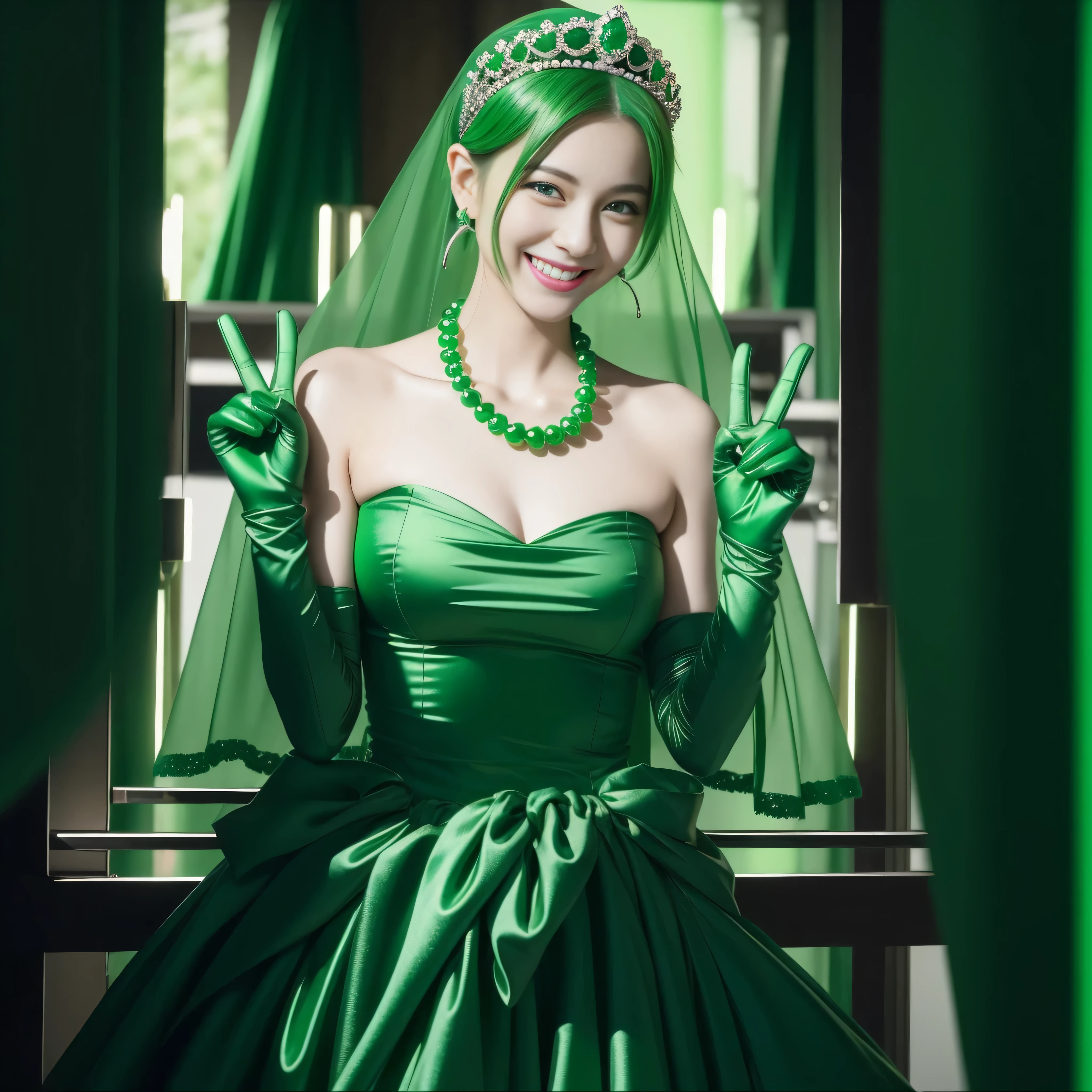 emerald tiara, Green Pearl Necklace, Boyish very short green hair, lipsticks, Japan woman smiling, very short short hair, beautiful, Green eyes, Long green gloves made of satin material, Green eyes, v sign,両手でv sign, Emerald Earrings, Green hair