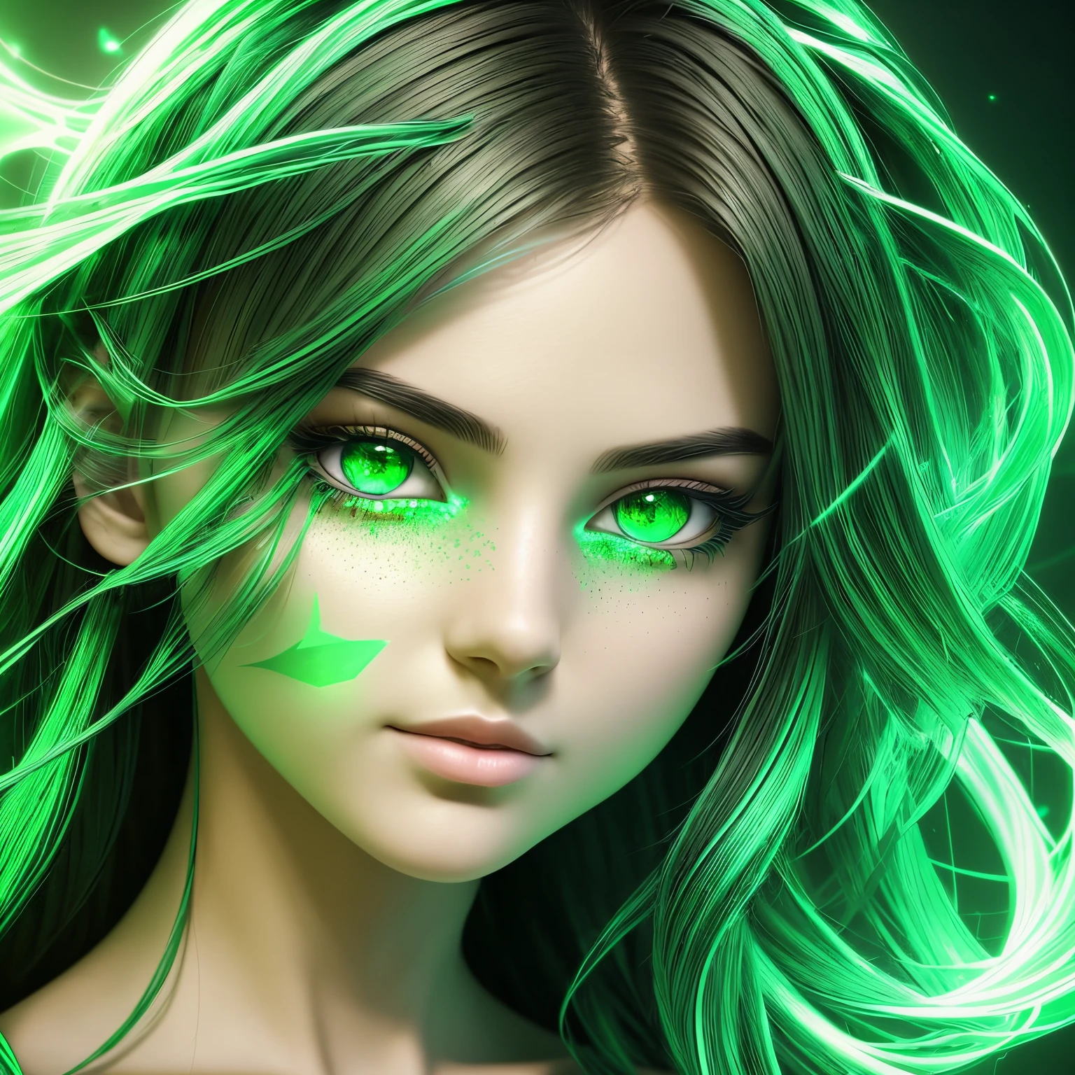 pixel classification, Very beautiful girl with green eyes and green mouth emerged in eternal tera flow of eternal data flowing through loop of infinite light scattering in the world of chaotic ripple optical illusions, mundo exterior celestial, lut, hdr, dramatic light, arte digital, redshift render, imagem raytraced, behance hd --auto