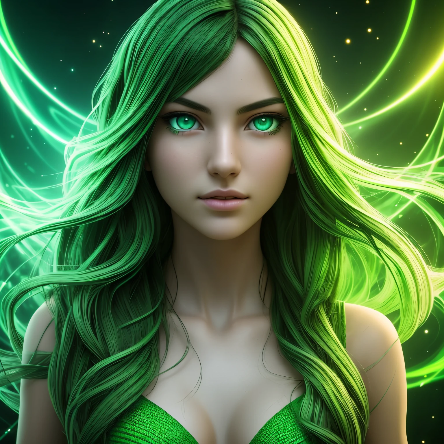 pixel classification, Very beautiful girl with green eyes and green mouth emerged in eternal tera flow of eternal data flowing through loop of infinite light scattering in the world of chaotic ripple optical illusions, mundo exterior celestial, lut, hdr, dramatic light, arte digital, redshift render, imagem raytraced, behance hd --auto