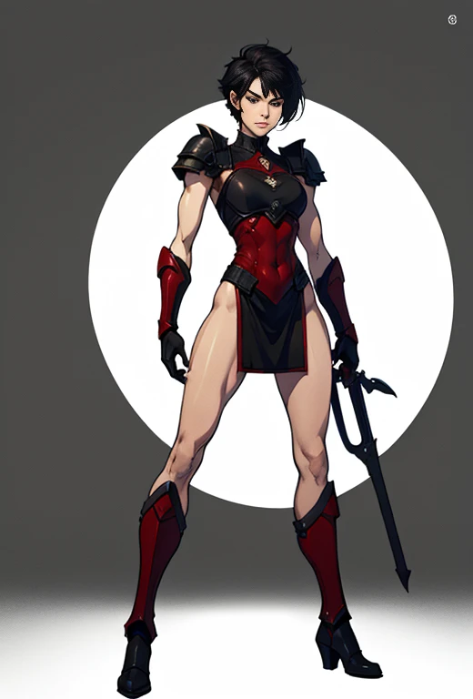 no background, background clean, standing single character full body ((solo)), human female adult, pretty face, serious face, short black hair, red armor full plate, perfect slim body, 8k