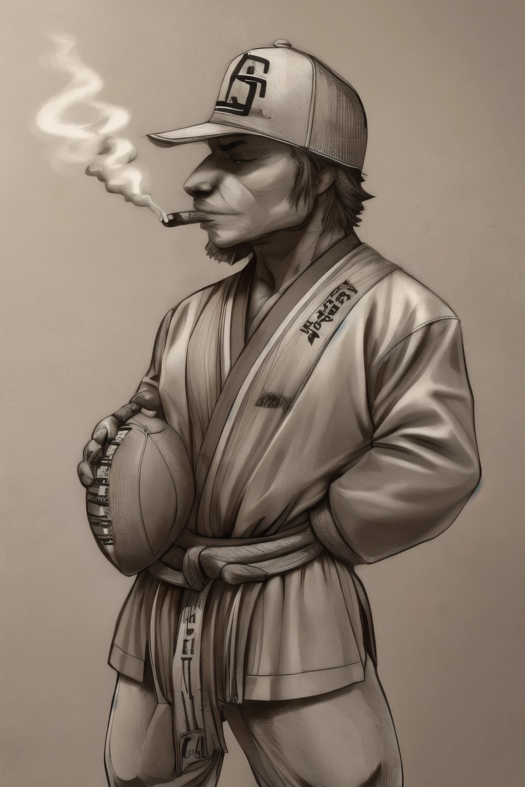 I want an simple logo to my sports betting page called "Dicas do Gepeto".

A small drawing of a badass character wearing a hat and some old clothes, smoking a pipe. It has have Martial Arts, American Football and money references (essential).

nothinh written on it