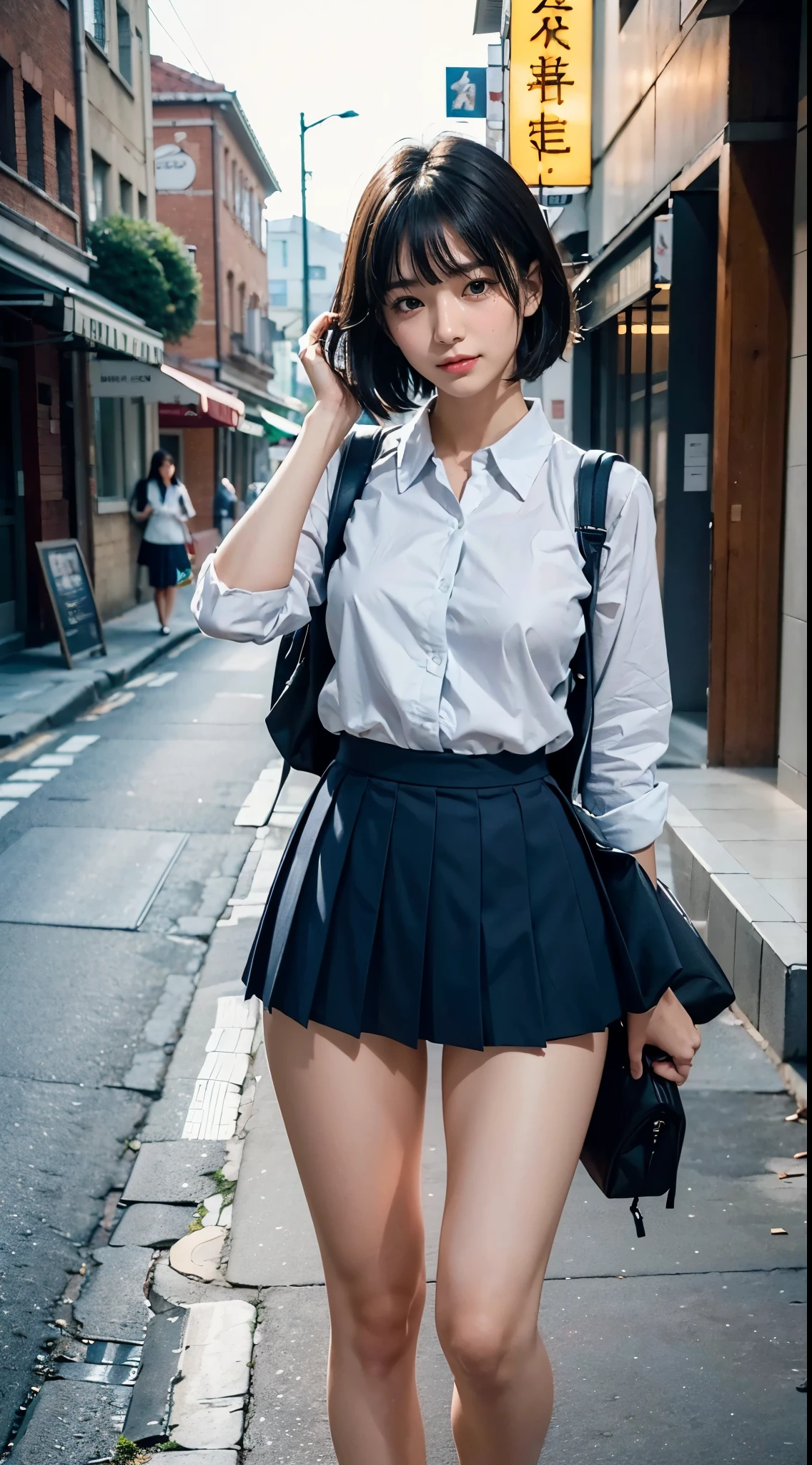 ((Dressing:1.8)), (((skirt rift:1.8, Showing the camera everything about the girl's panties:1.8))) (((shool uniform:1.8, Dark blue pleated skirt:1.8, narrow white panties:1.8, backpack:1.8))), (((stick out buttocks:1.8, Point your butt at the camera:1.8, ssmile:1.8))), 1girl in, 独奏, , 7headed body, Ideal ratio body proportions, erectile nipple, Medium Hair, A dark-haired, With bangs, small tits, A slender, Small buttocks, beauty legs, Skinny Legs, surrealism, Cinematic lighting, depth of fields, One-person viewpoint, F/1.8, 135 mm, nffsw, masutepiece, ccurate, ((Anatomically correct:1.3)), Textured skin, Super Detail, high details, High quality, awardwinning, Best Quality, hight resolution, 8K