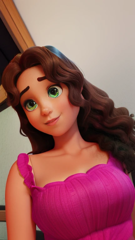 A woman with brown curly hair, green eyes, Disney Pixar style