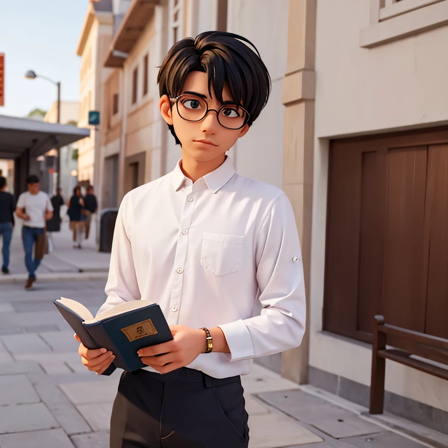 Homem de oculos lendo sua biblia semtado em uma cadeira ,plain pants and long white shirt and black hair in a gradient style