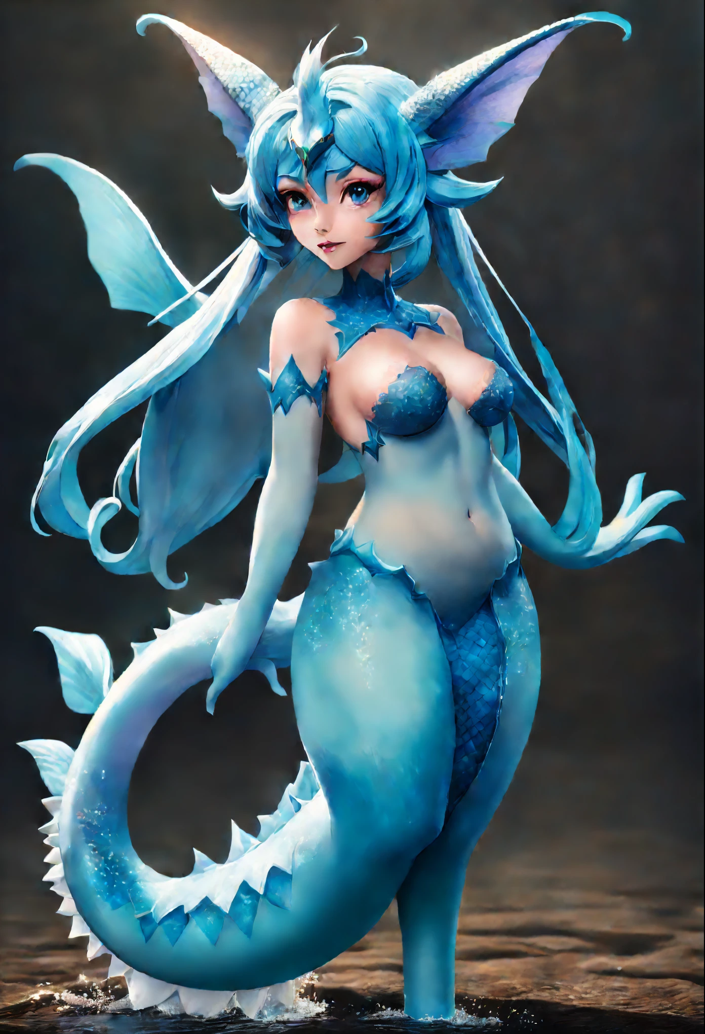 Create a hyperrealistic image of the vaporeon with anthropomorphic sensual body and face
