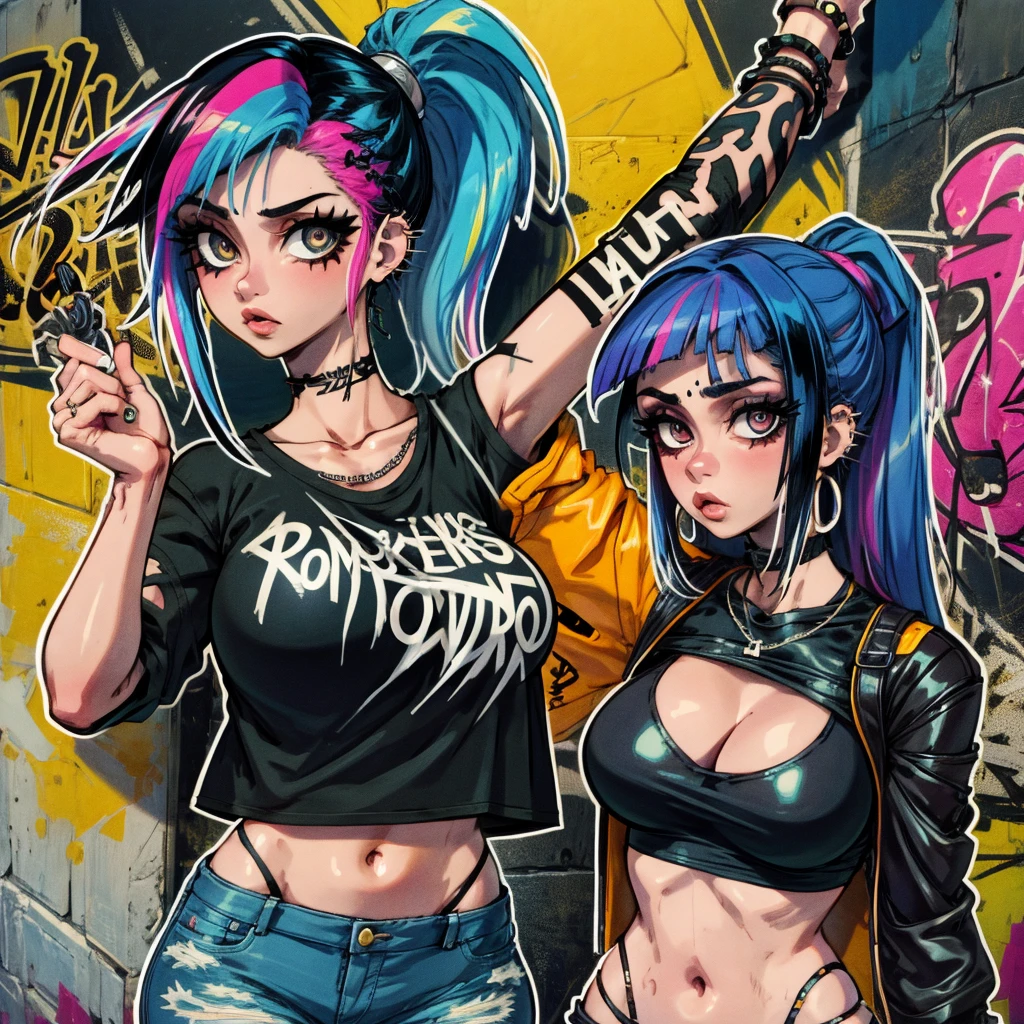 A garota punk rock mais bonita e sexy, rainbow colored hair, olhos amarelos, usando um capuz, Graphic T-shirt and ripped skinny jeans, enormes seios gigantescos, cleavage showing, toneladas de tatuagens e piercings, elementos de graffiti no fundo, Obra-prima perfeita, alta qualidade, high resolution
