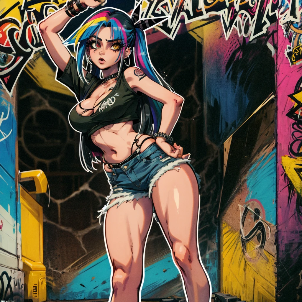 masterpiece, best quality, 25 years old beautiful woman, long hair, (mature face:1.4), 1woman, solo, crop top, denim shorts, choker, (from behind:1.4), plumb ass, thick thighs, thin waist, (graffiti:1.5), paint splatter, arms behind back, against wall, looking at viewer, armband, thigh strap, paint on body, head tilt, bored, multicolored hair (pink, blue), aqua eyes, headset