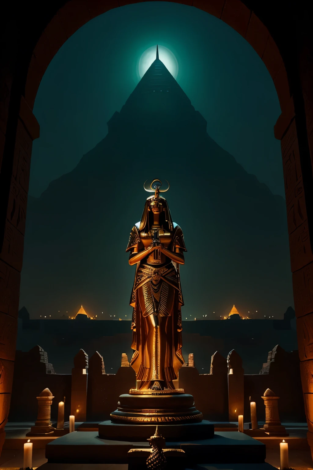 Create an evocative illustration capturing the essence of Meretseger, the Egyptian goddess of the Theban Necropolis. Highlight her serpent-like form, crowned with a coiled cobra, and depict the protective and watchful nature attributed to her. Consider incorporating the sacred mountain of Deir el-Medina in the background, where Meretseger was believed to reside, and infuse the scene with an atmosphere that conveys both the reverence and awe inspired by this guardian deity.