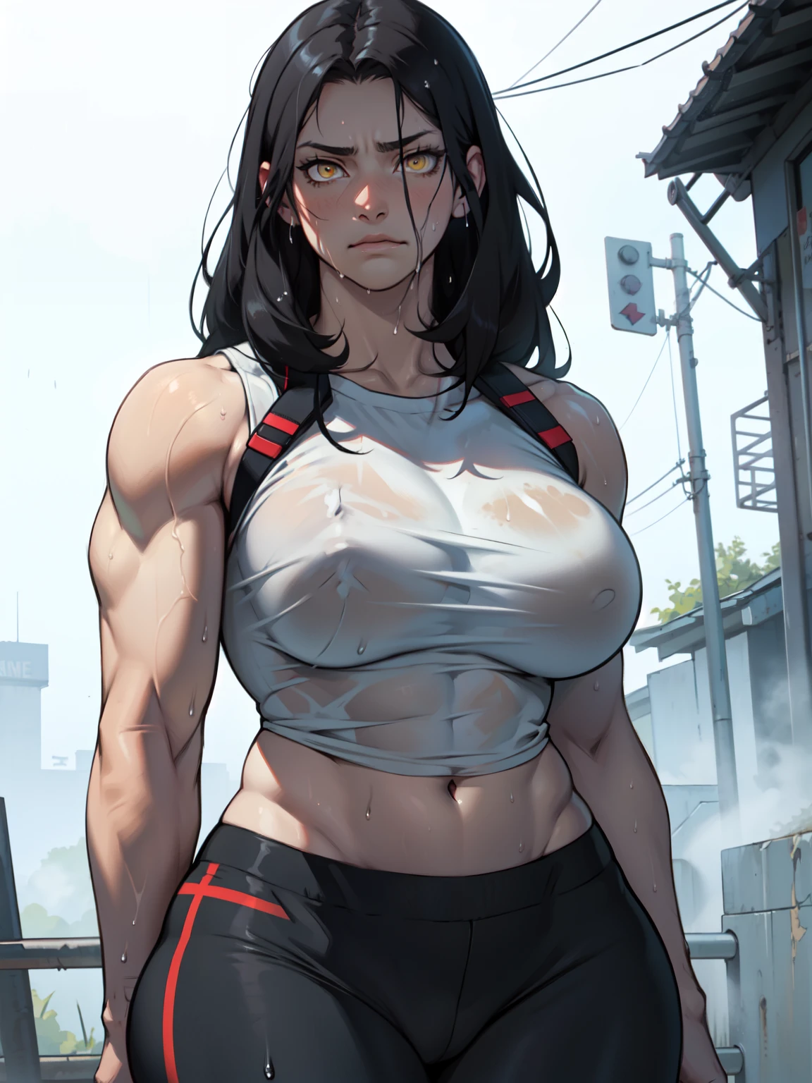 muscular girl thin waist large breasts thick pale skin black hair yellow eyes muscular girl thin waist huge breasts thick muscular girl thin waist thick sad expressionless sweaty wet hair