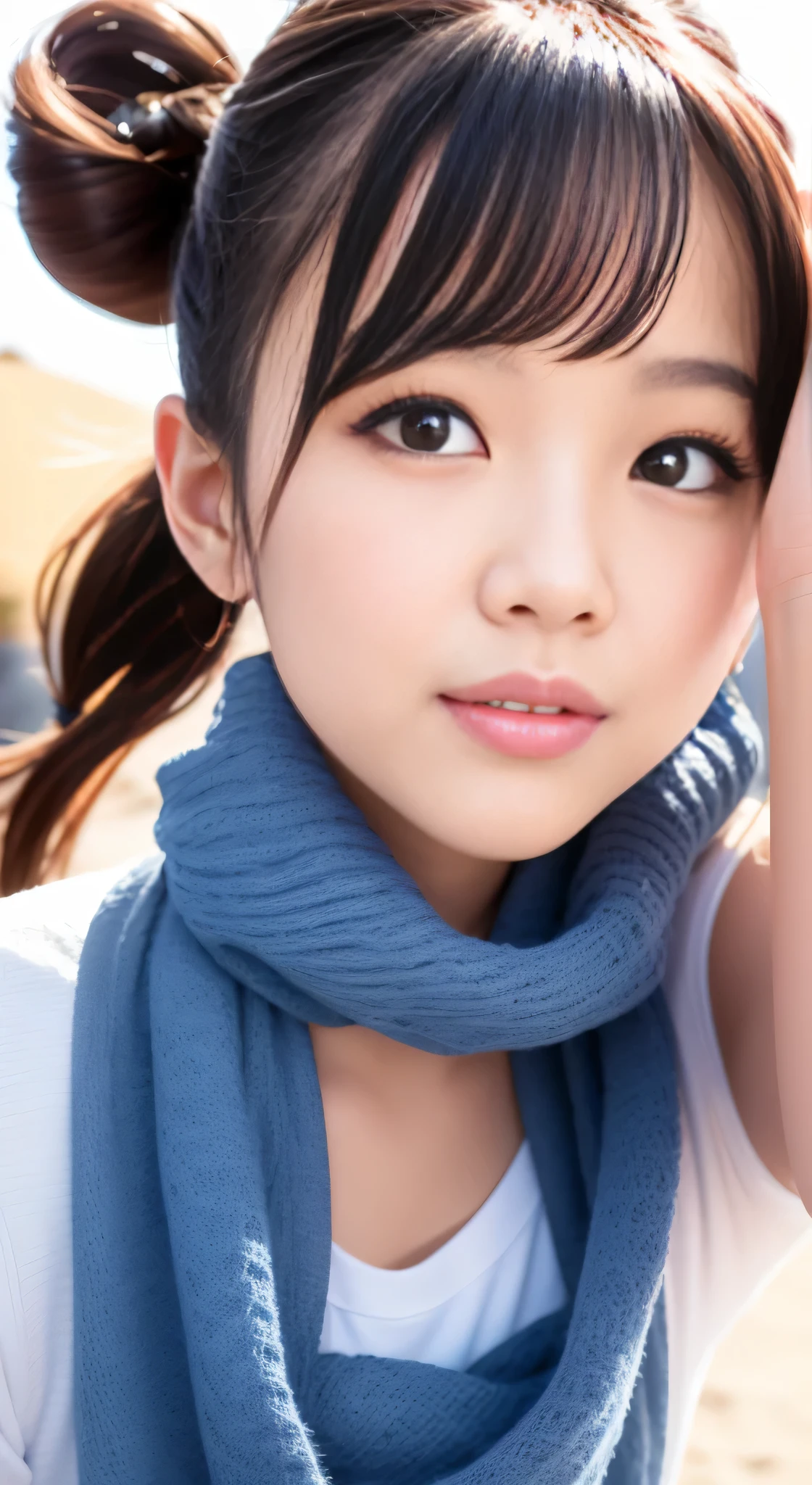 Asian woman in arafe wearing denim vest and scarf,28 year old、I have a mole under the side of my mouth、 One adorable Japan human face, Young adorable Japan face, 8K selfie photo, young cute wan asian face, Eyes are double、 girl cute-fine-face, cute - fine - face, joy gaze, she has a cute face, clear cute face, Poses in motion