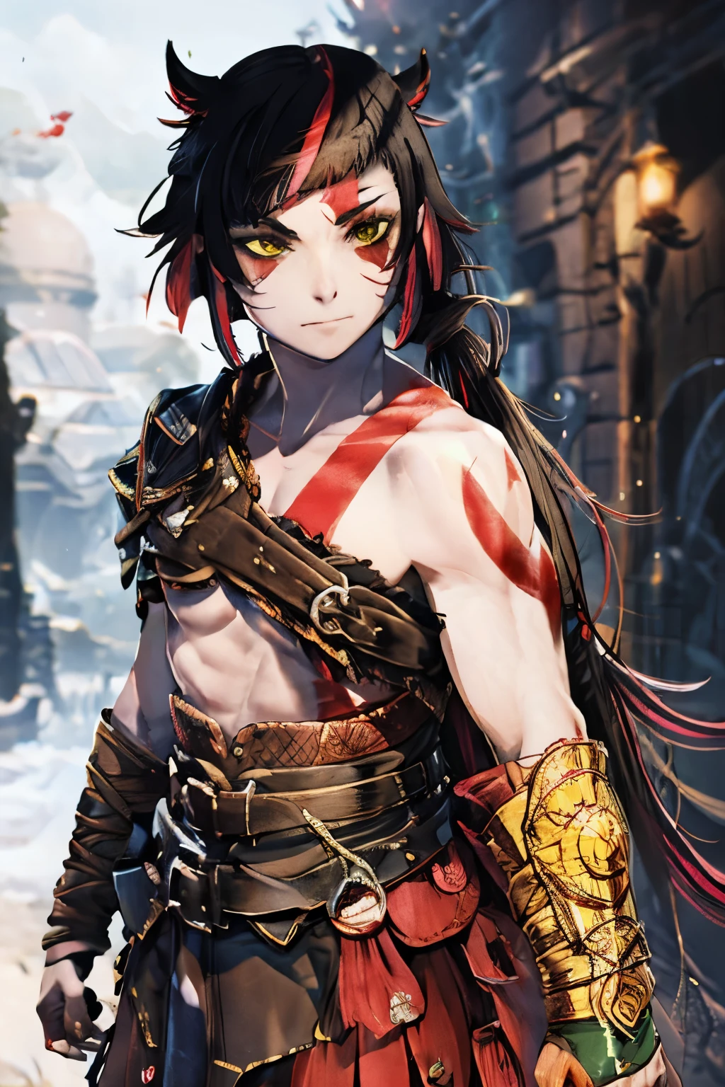 lilia vanrouge,multicolored hair,streaked hair,black hair,red hair,long ponytail,1boy, scar