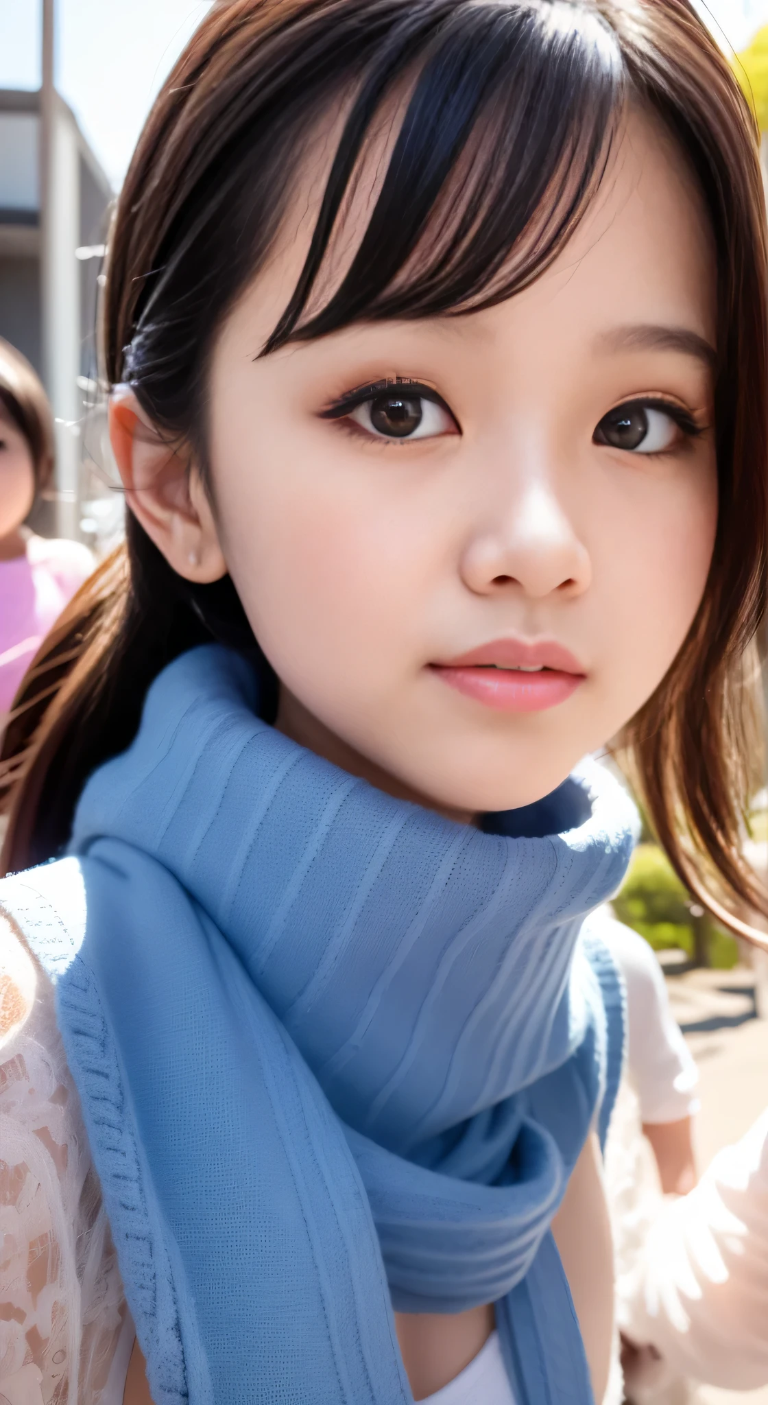 Asian woman in arafe wearing denim vest and scarf,28 year old、I have a mole under the side of my mouth、 One adorable Japan human face, Young adorable Japan face, 8K selfie photo, young cute wan asian face, Eyes are double、 girl cute-fine-face, cute - fine - face, joy gaze, she has a cute face, clear cute face, Poses in motion