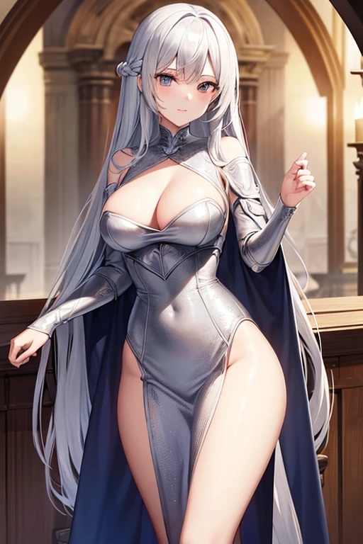 knight, inside castle, silver dress, solo, man, long hair, pleased, thin waist, wide hips, large breasts, large as, cleavage