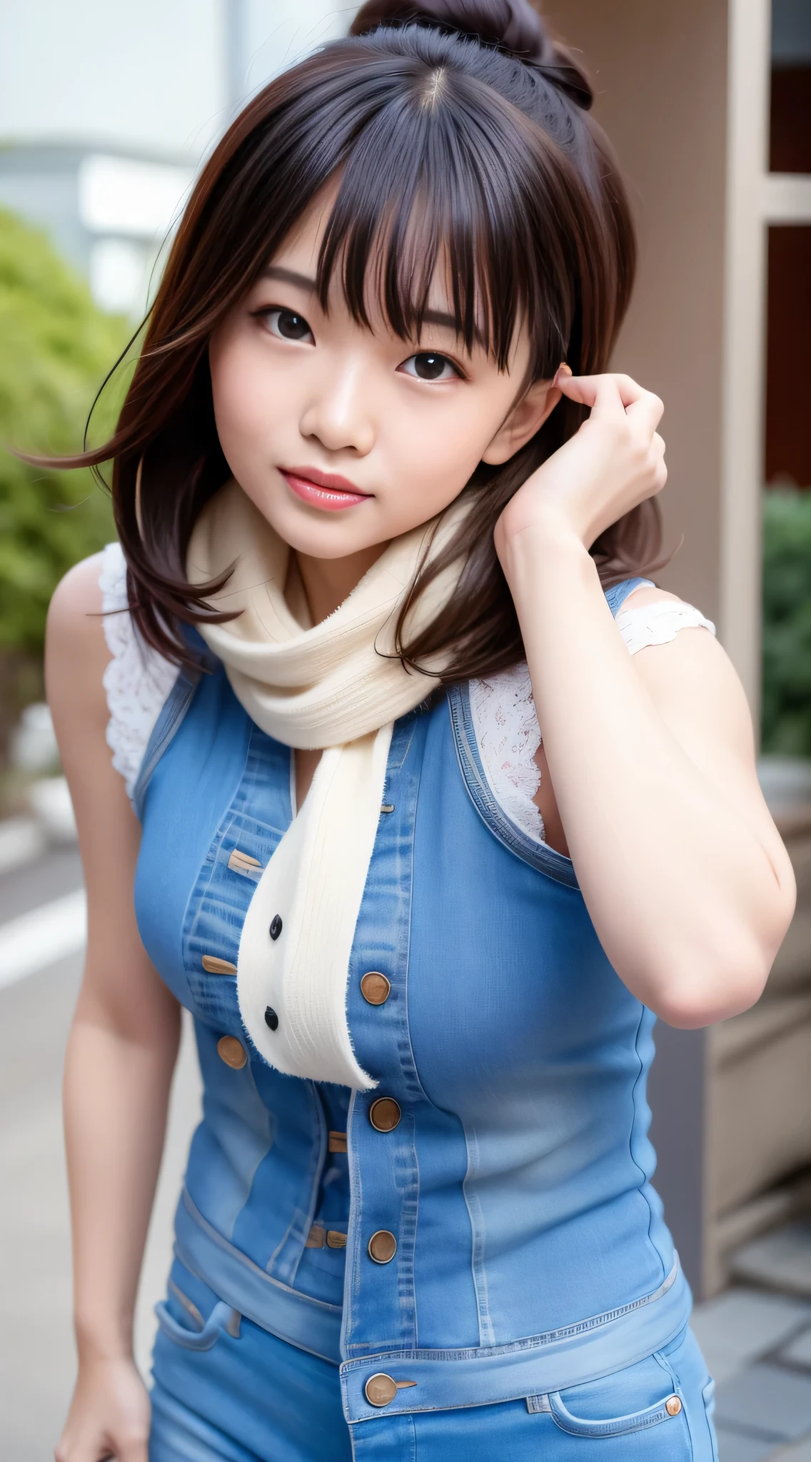 Asian woman in arafe wearing denim vest and scarf,28 year old、I have a mole under the side of my mouth、 One adorable Japan human face, Young adorable Japan face, 8K selfie photo, young cute wan asian face, Eyes are double、 girl cute-fine-face, cute - fine - face, joy gaze, she has a cute face, clear cute face, Poses in motion