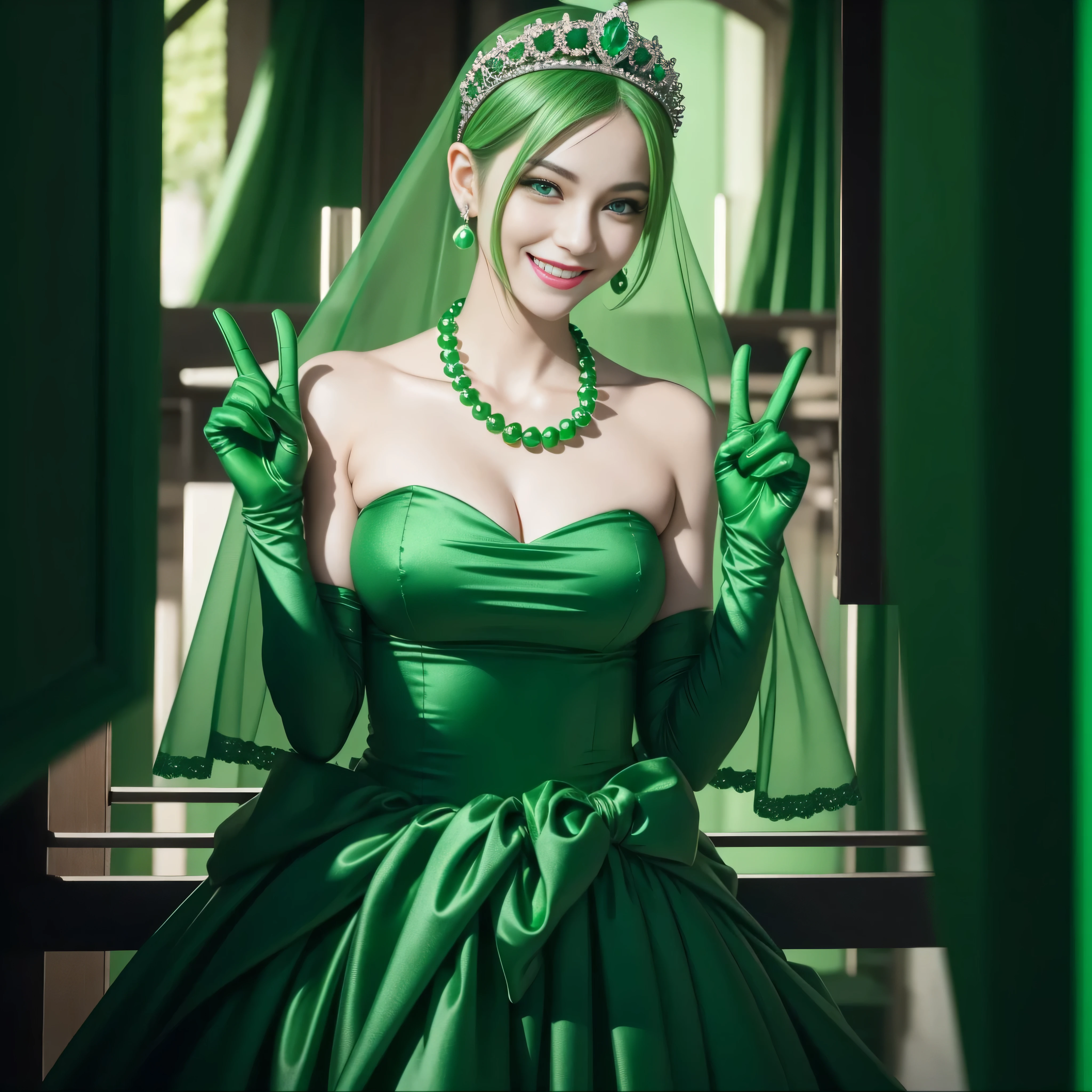 emerald tiara, Green Pearl Necklace, Boyish very short green hair, lipsticks, Japan woman smiling, very short short hair, big breasts beautiful, Green eyes, Long green gloves made of satin material, Green eyes, v sign,両手でv sign, Emerald Earrings, Green hair