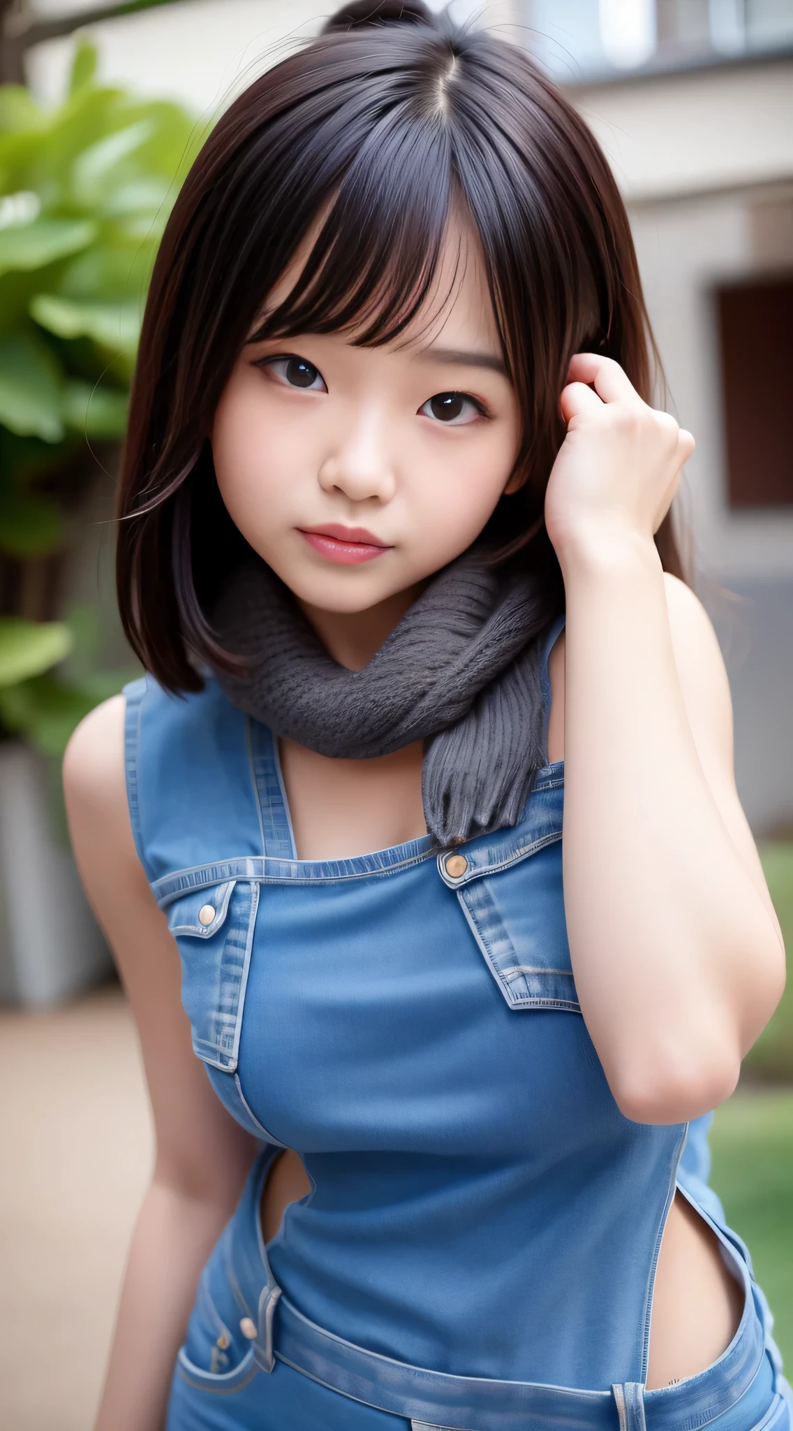 Asian girl in arafe wearing denim vest and scarf,One mole in the mouth、28 year old、 One adorable Japan human face, Young adorable Japan face, 8K selfie photo, young cute wan asian face, Eyes intact、 girl cute-fine-face, cute - fine - face, joy gaze, she has a cute face, clear cute face, Poses in motion