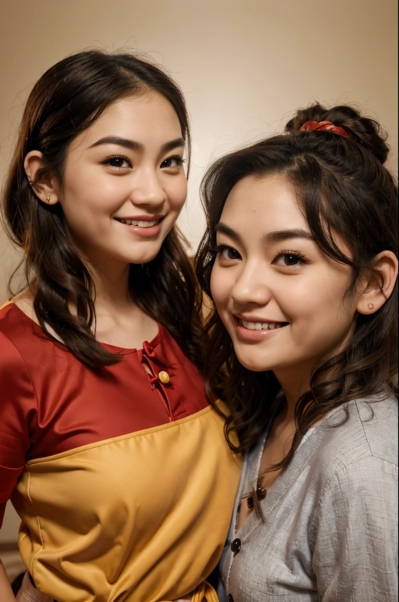 Pixar style poster magician couple man woman dressed as Chinese man thick nose big cheeks, peaked eyebrow up big ears woman thin eyebrow wavy hair smile little girl with wavy hair small eyes smiling solid background