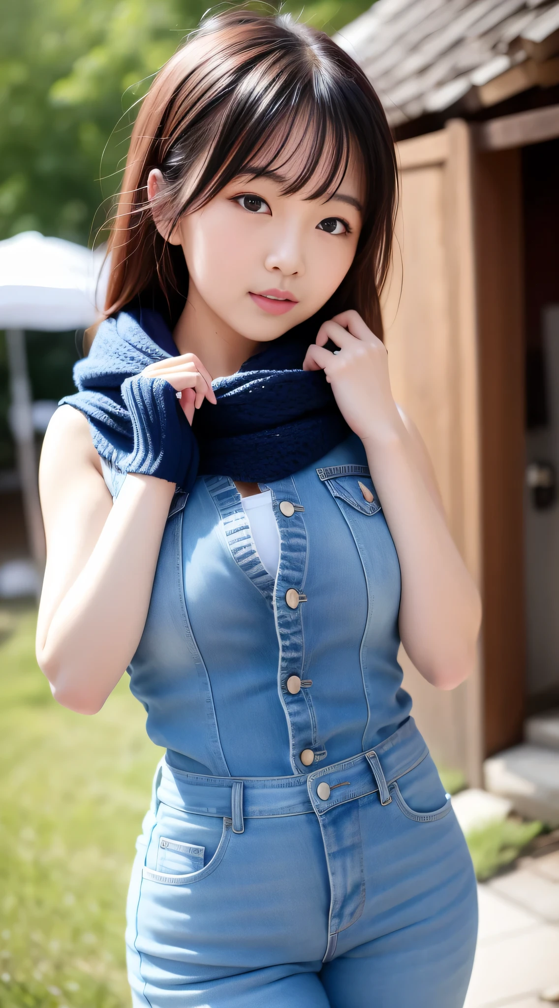 Asian girl in arafe wearing denim vest and scarf,One mole in the mouth、28 year old、 One adorable Japan human face, Young adorable Japan face, 8K selfie photo, young cute wan asian face, Eyes intact、 girl cute-fine-face, cute - fine - face, joy gaze, she has a cute face, clear cute face, Poses in motion