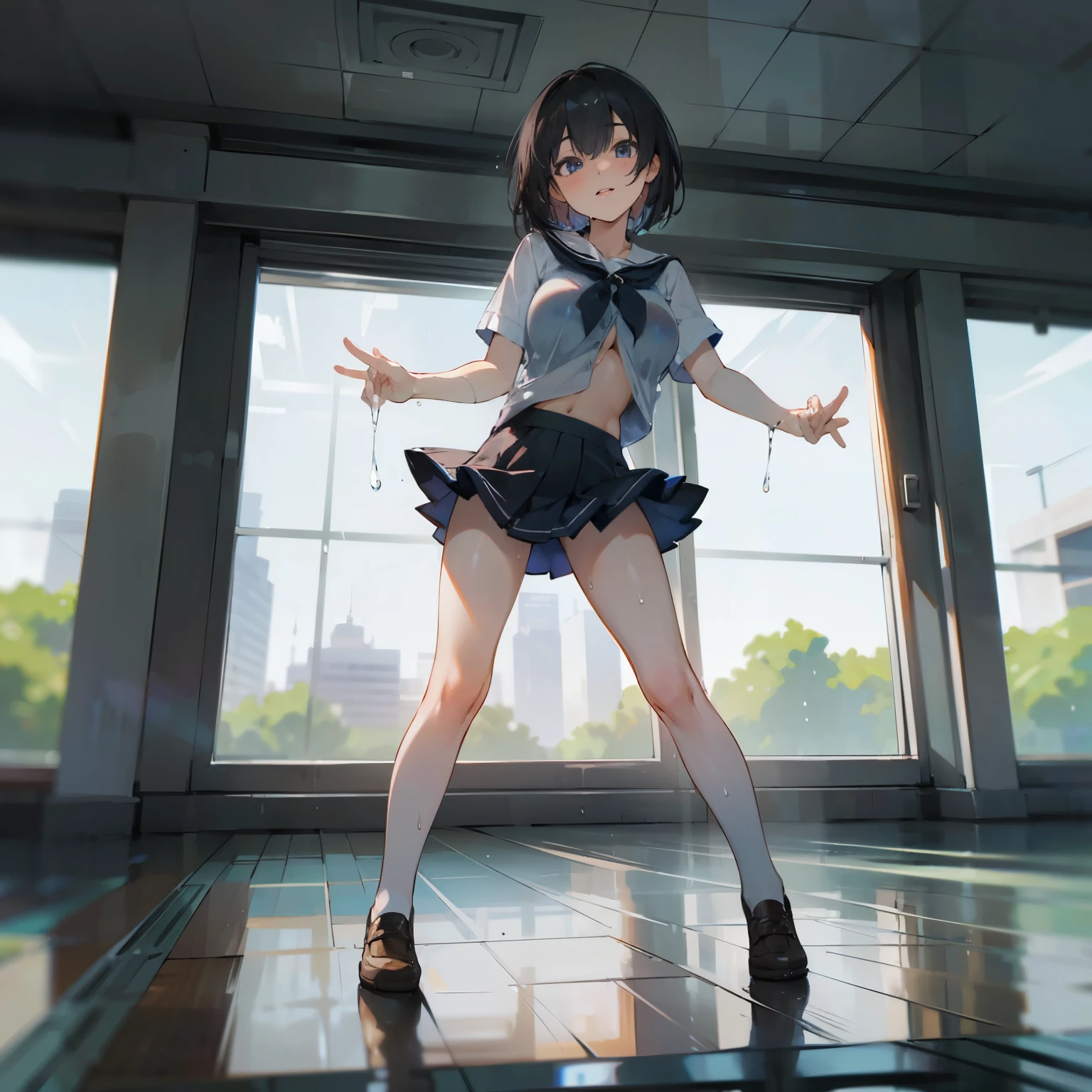 ((layered haircuts、Colossal tits:1.2)),（8K，highest  quality），full body shot shot，Watching from a distance，Distant shots，School Classroom，pupils，Class，playing game，Wearing trasnparent wet a shirt JK skirt，blue wet shirt, wet shirt, adolable， ssmile， Thin face， short detailed hair， 32K, tmasterpiece， Best picture quality，超A high resolution，Perfect hands，Looking_at_peeping at the viewer，wet skin, (((fullbody))), fullbody, legs wide open, open legs, eyes on camera, details eyes, beautiful eyes