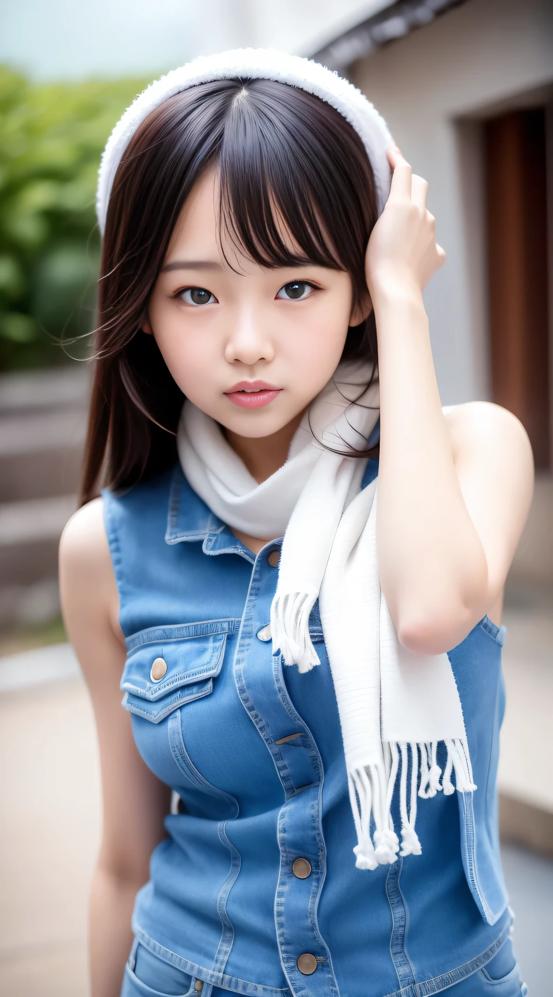 Asian girl in arafe wearing denim vest and scarf,One mole in the mouth、28 year old、 One adorable Japan human face, Young adorable Japan face, 8K selfie photo, young cute wan asian face, Eyes intact、 girl cute-fine-face, cute - fine - face, joy gaze, she has a cute face, clear cute face, Poses in motion