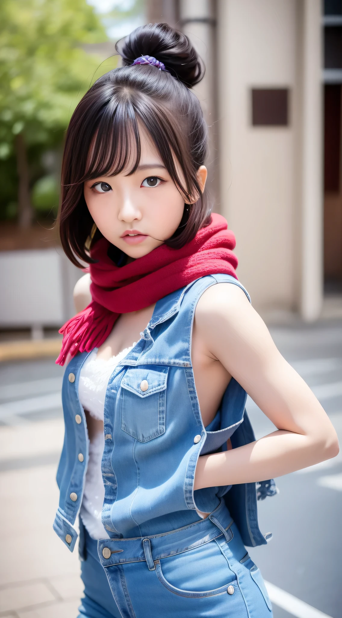 Asian girl in arafe wearing denim vest and scarf,One mole in the mouth、28 year old、 One adorable Japan human face, Young adorable Japan face, 8K selfie photo, young cute wan asian face, Eyes intact、 girl cute-fine-face, cute - fine - face, joy gaze, she has a cute face, clear cute face, Poses in motion