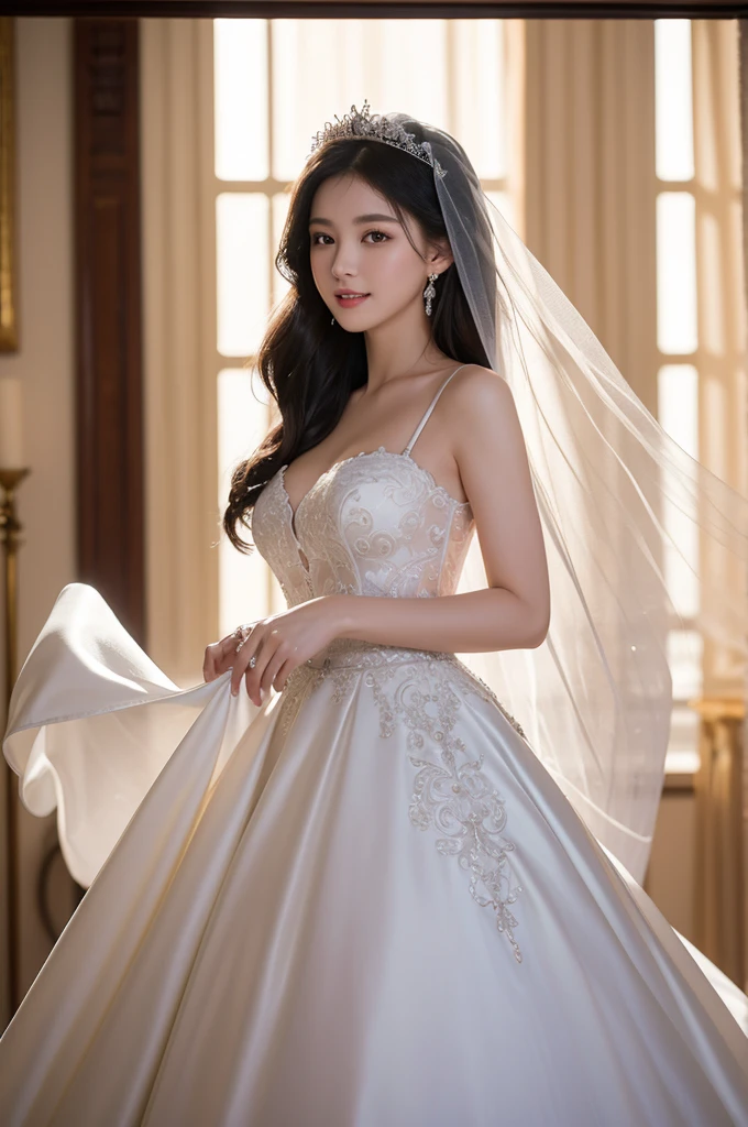(Masterpiece), best quality, highest quality, highly detailed CG unity 8k wallpaper, original, high resolution, (depth of field: 1.5), fidelity: 1.3, breasts, bride portrait style, 1 girl, curtains, veil , bridal veil, wedding dress, curtains, jewelry, solo, earrings, teeth, bride, black_hair