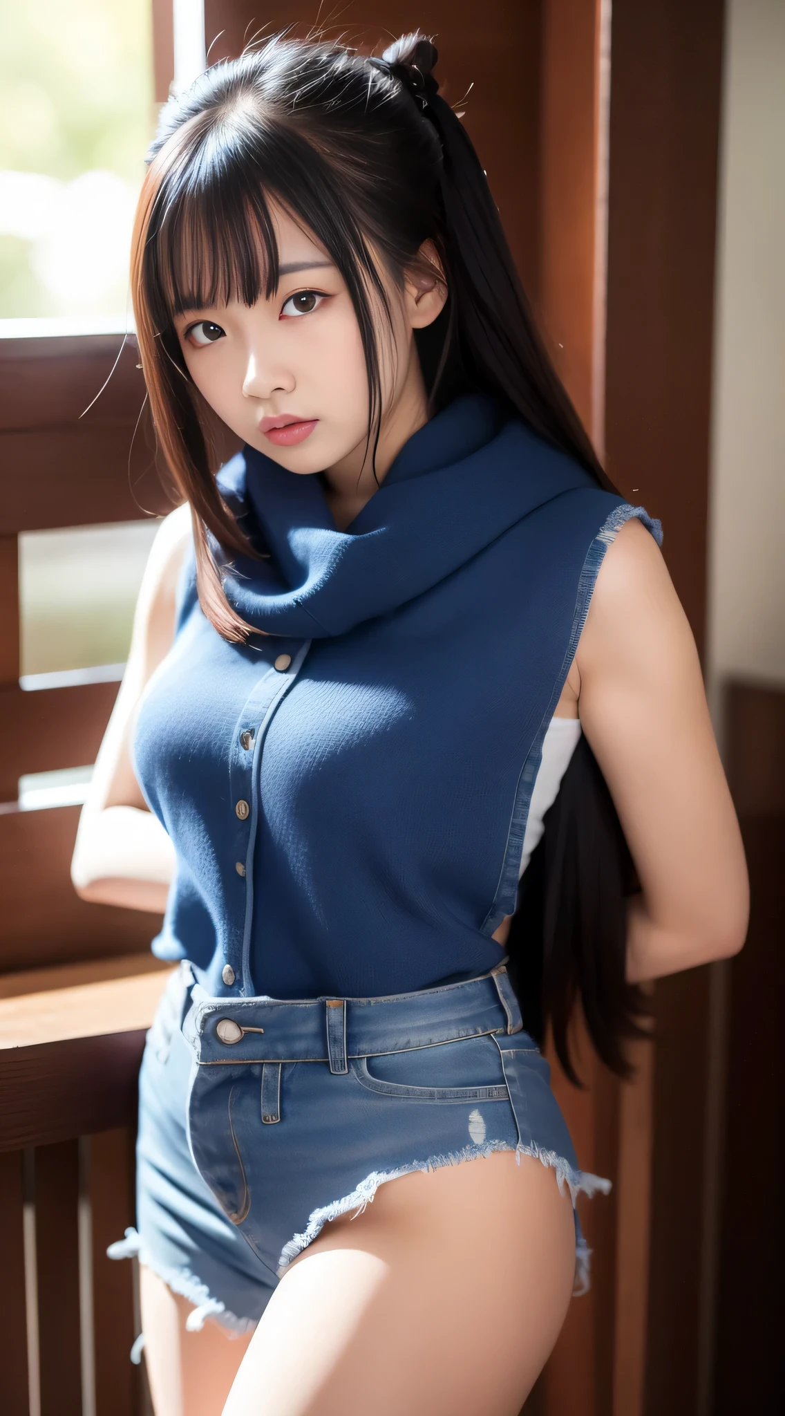 Asian girl in arafe wearing denim vest and scarf,One mole in the mouth、28 year old、 One adorable Japan human face, Young adorable Japan face, 8K selfie photo, young cute wan asian face, Eyes intact、 girl cute-fine-face, cute - fine - face, joy gaze, she has a cute face, clear cute face, Poses in motion