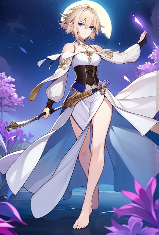 Masterpiece , best quality , solo , 1female , female , short platinum blonde hair , blue eyes , short pointy elf ears , long dress , off the shoulders , long sleeves , corset top , mismatched leg wear , barefoot , holding a sword , full moon in background , simple nighttime background , lavender flowers growing