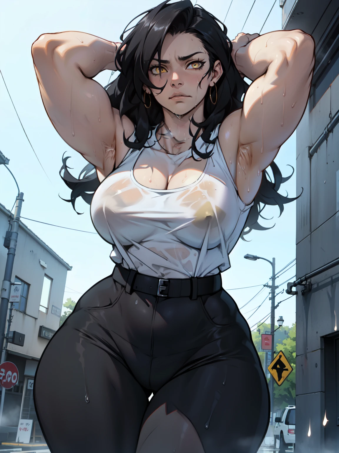 muscular girl thin waist large breasts thick pale skin black hair yellow eyes muscular girl thin waist huge breasts thick muscular girl thin waist thick sad expressionless sweaty wet hair armpits