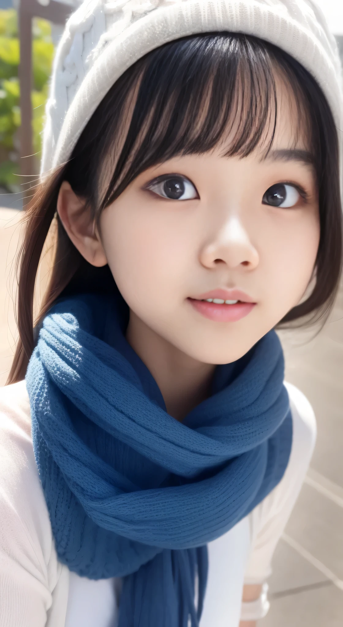 Asian girl in arafe wearing denim vest and scarf, wan adorable korean face, Young adorable Korean face, 8K selfie photo, young cute wan asian face, Eyes intact、jaeyeon nam, Jinyoung Shin, girl cute-fine-face, cute - fine - face, joy gaze, she has a cute face, clear cute face, ulzzangs、Poses in motion