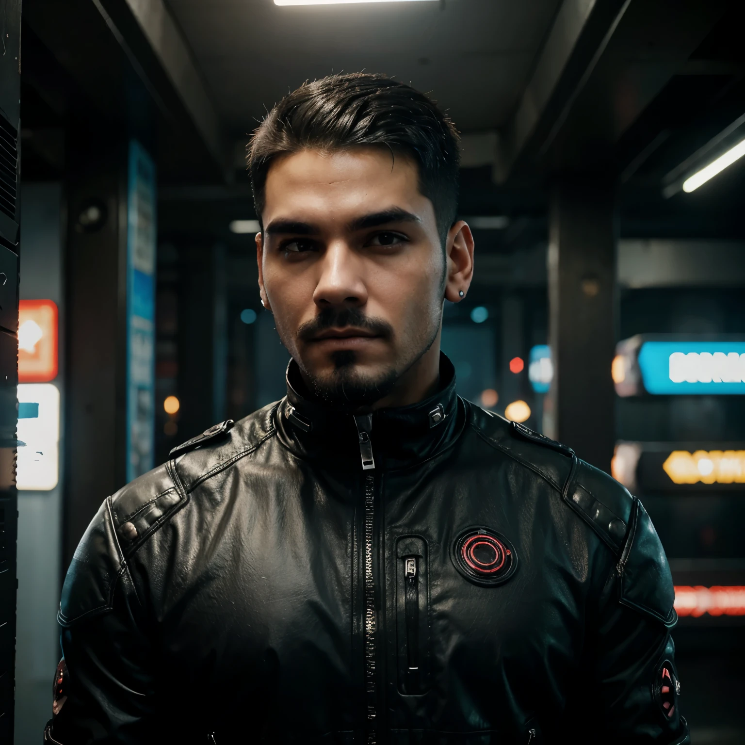 Cyberpunk Netrunner Masculino Maduro, Terno Peso Corporal Maduro; hair buzz haircut
