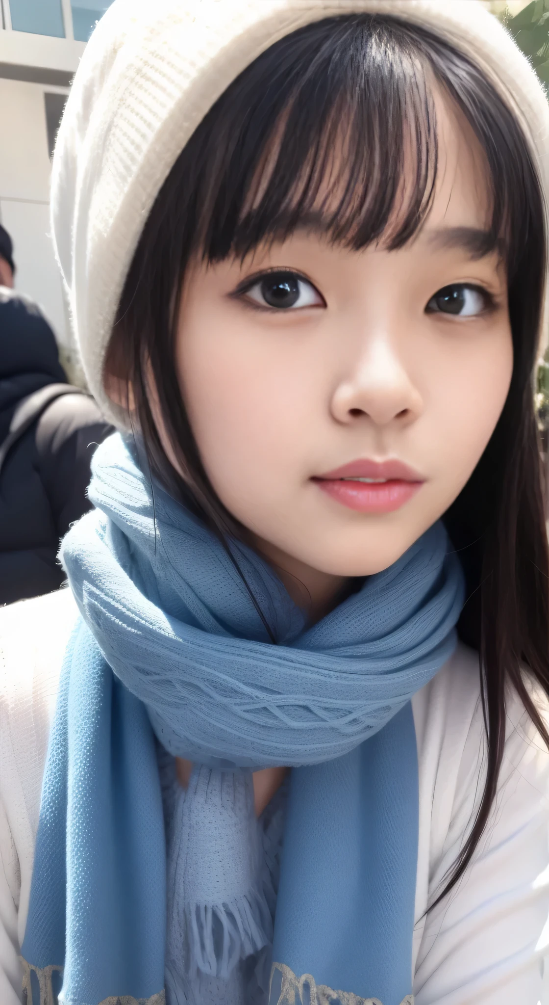 Asian girl in arafe wearing denim vest and scarf, wan adorable korean face, Young adorable Korean face, 8K selfie photo, young cute wan asian face, Eyes intact、jaeyeon nam, Jinyoung Shin, girl cute-fine-face, cute - fine - face, joy gaze, she has a cute face, clear cute face, ulzzangs、Poses in motion