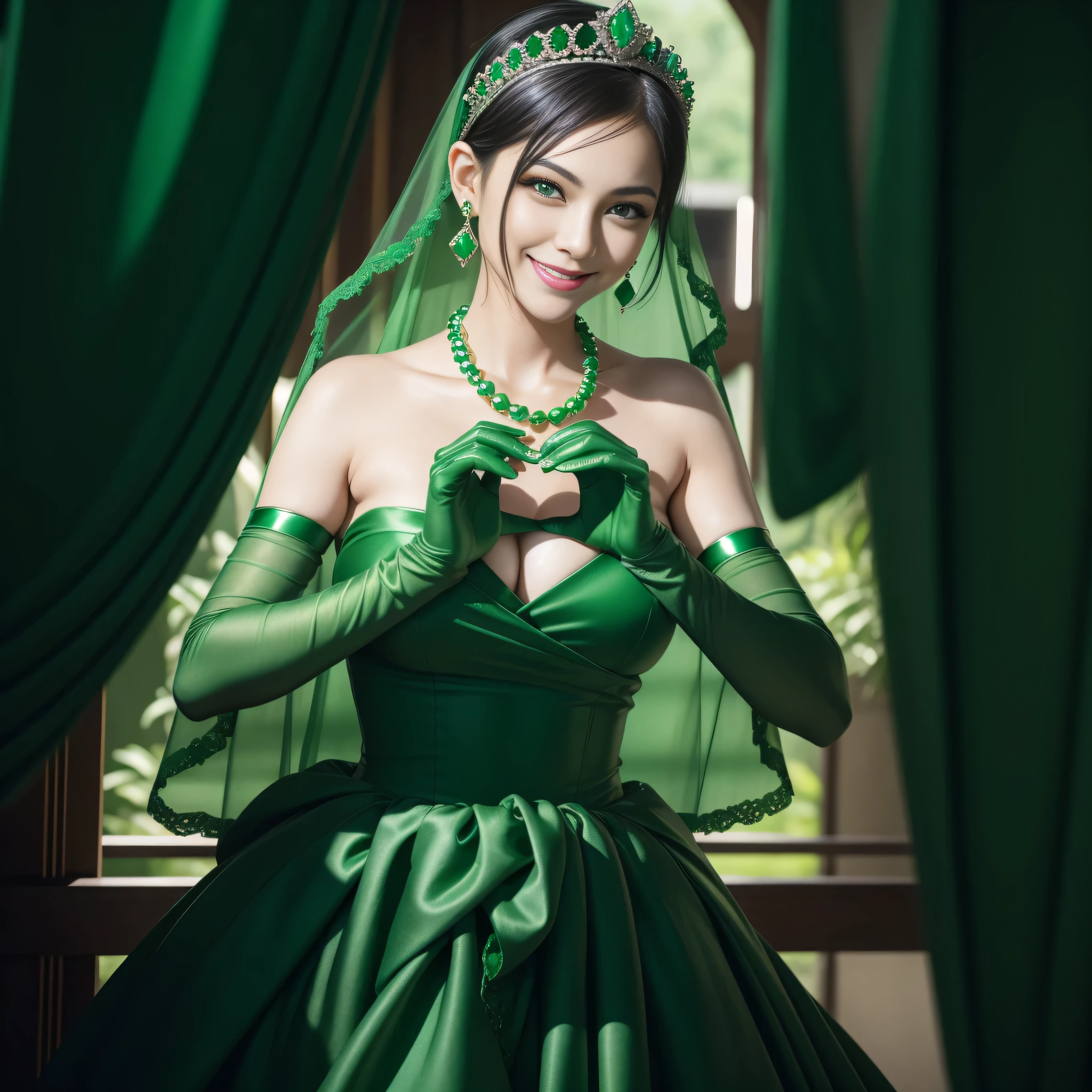 emerald tiara, Green Pearl Necklace, Boyish very short green hair, lipsticks, Japan woman smiling, very short short hair, big breasts beautiful, Green eyes, Long green gloves made of satin material, Green eyes,V-sign with both hands, Emerald Earrings, Green hair, Heart with both hands