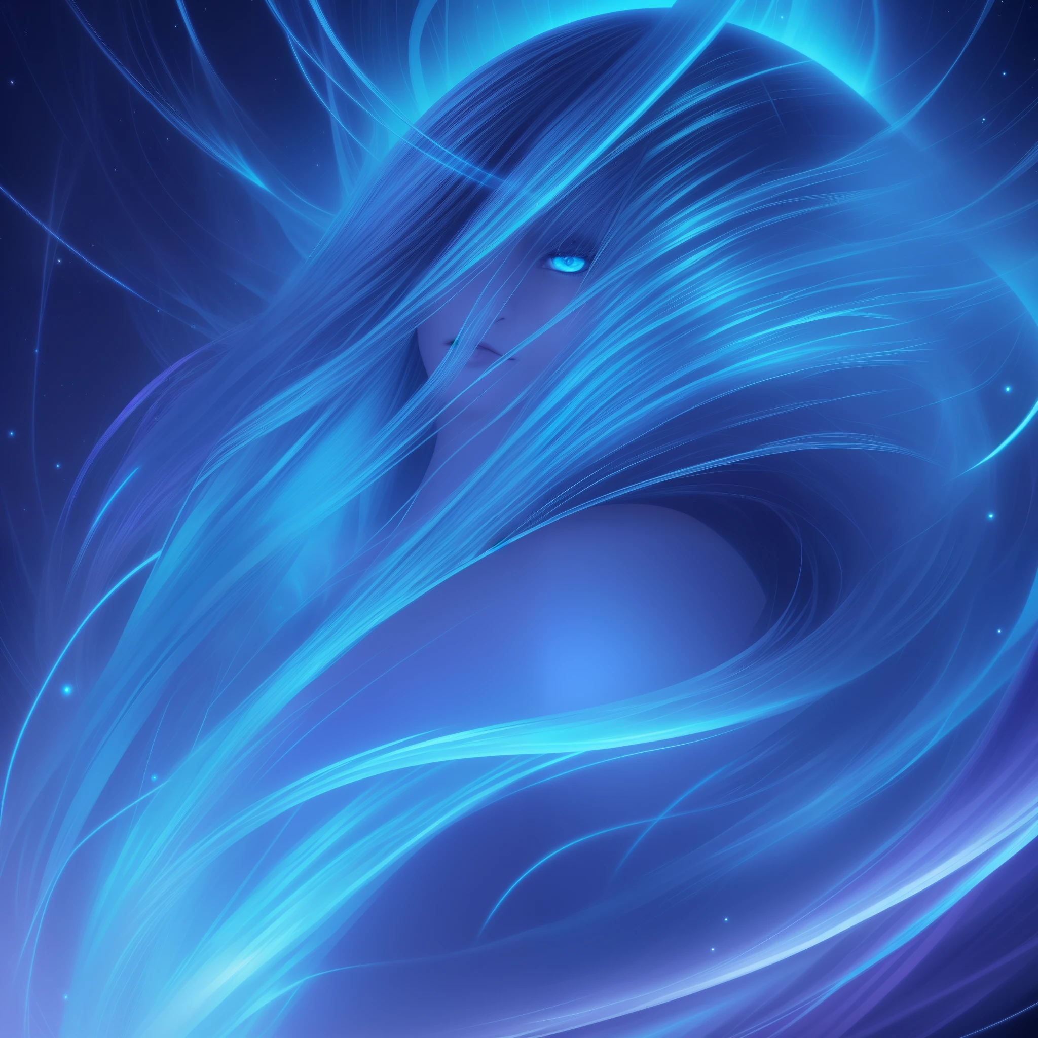 Stunning woman with vibrant blue neon hair made of light, long flowing hair, glowing in the midst of galaxy formations in dark space, beautiful woman, hourglass figure, mesmerizing blue eyes, facing viewer, looking at viewer, dark fantasy, detailed and realistic textures, vibrant colors, surreal and mysterious, hyperrealistic, modern art, digital painting, trending in Artstation, cinematic lighting, and dynamic composition, best quality