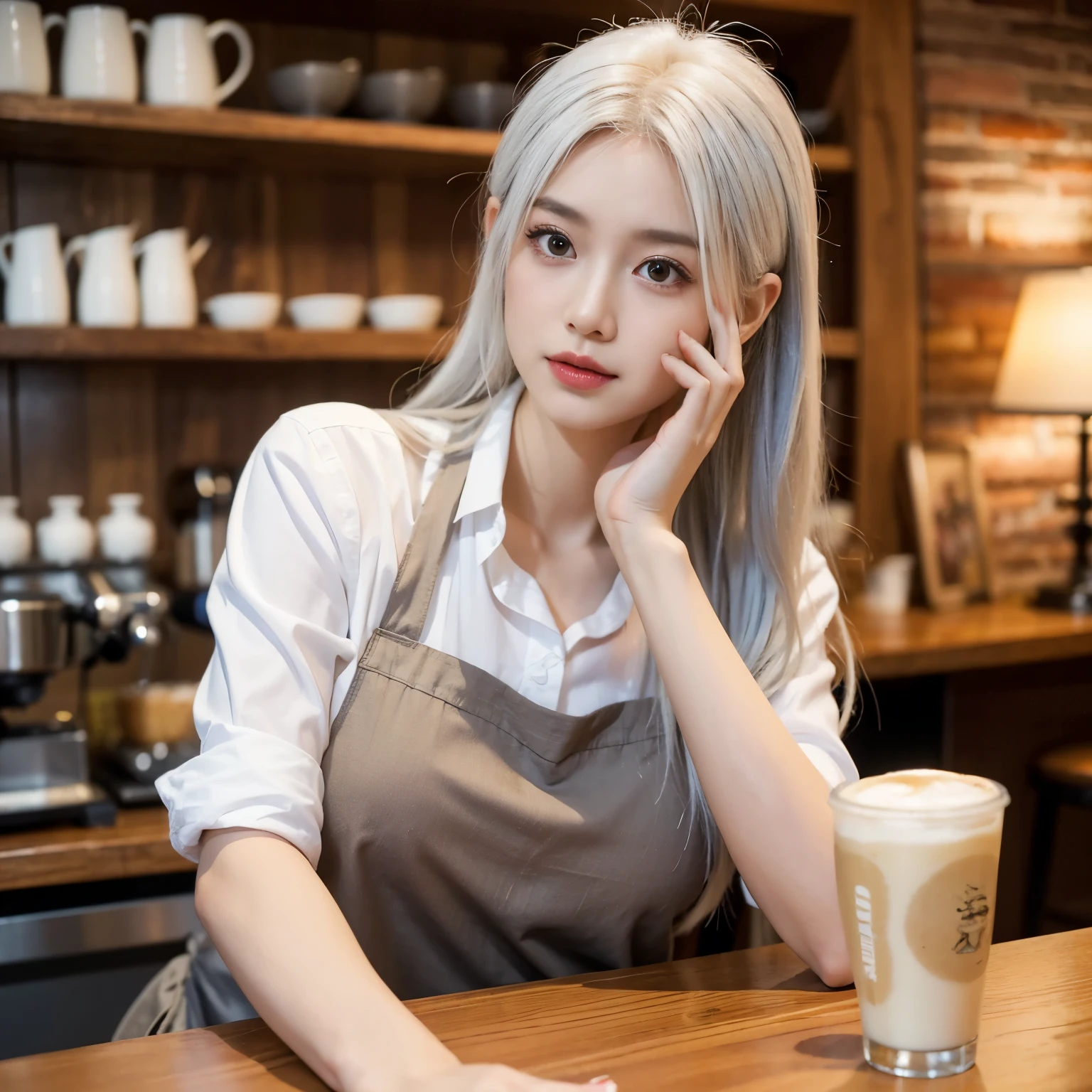 mix4、(8K、Raw photography、top-quality、​masterpiece:1.2)、(realisitic、Photorealsitic:1.37)、1girl in、A young woman with a delicate and slender face, gentle brown eyes, semi long hair,she seems thoughtful and introverted, Demonstrates delicate expressiveness and deep insight. her appearance is elegant and sophisticated, add an artistic sensibility. she is a barista, we are at a coffee shop.、morning hour、black chic apron、beautiful white hair color、Transparent white hair color、