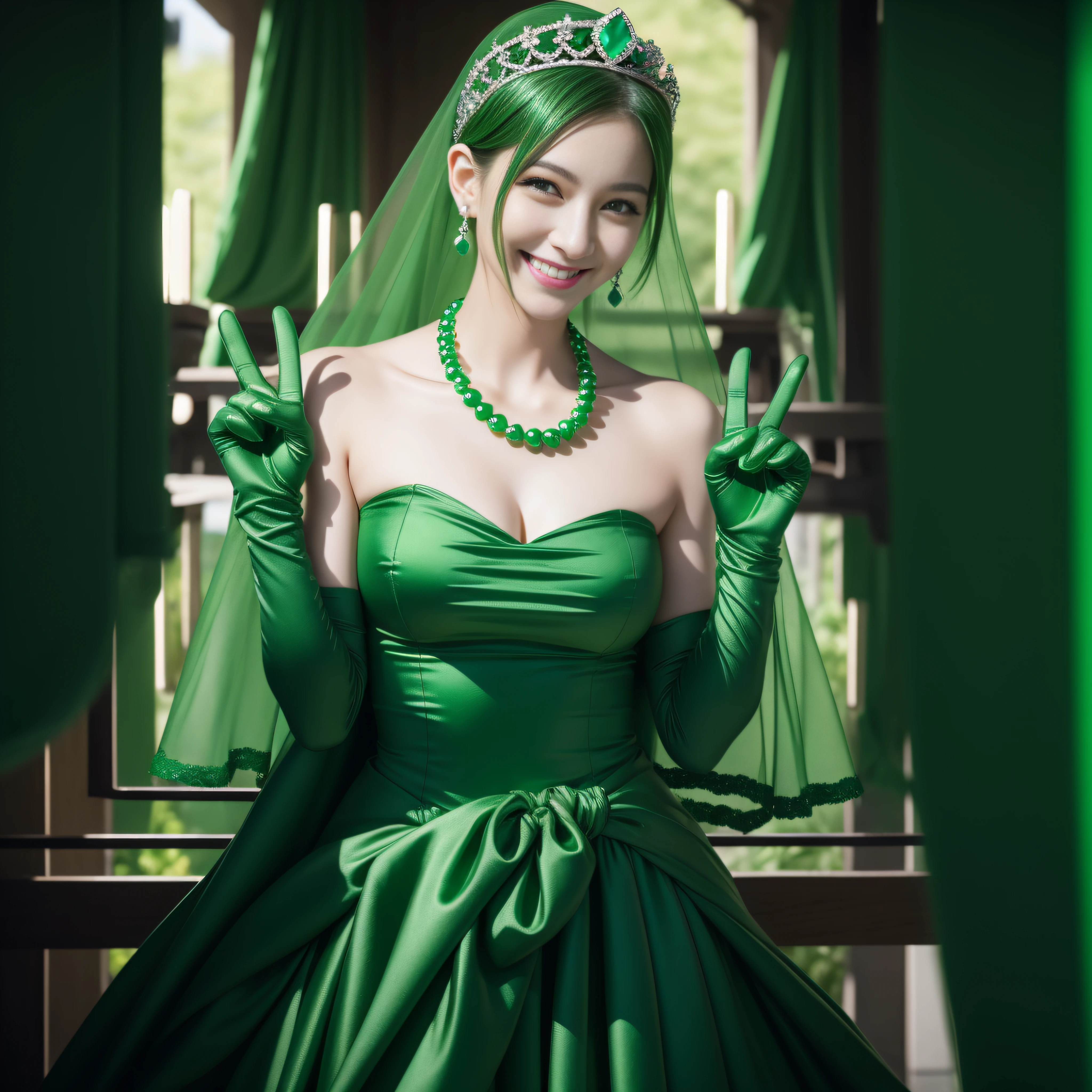 emerald tiara, Green Pearl Necklace, Boyish very short green hair, lipsticks, Japan woman smiling, very short short hair, big breasts beautiful, Green eyes, Long green gloves made of satin material, Green eyes, Emerald Earrings, green vale, v sign