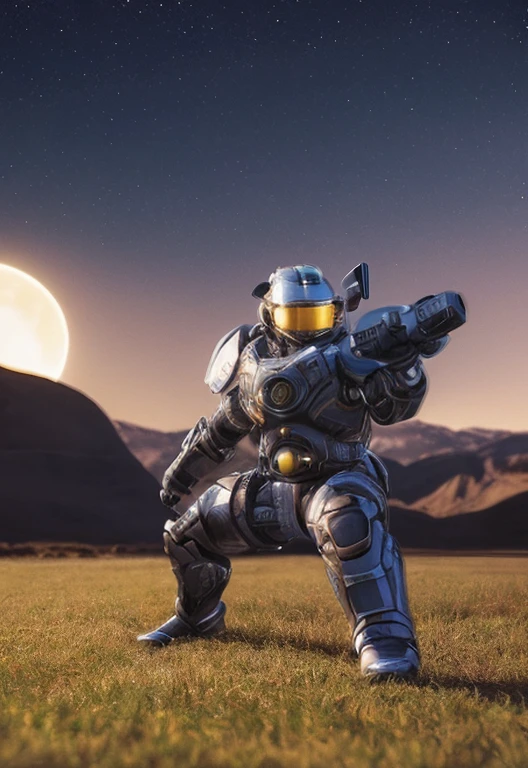 (full body, (dynamic pose), action pose), (rim lighting, studio lighting, distant moon light, night, bloom), (cinematic, best quality, masterpiece, ultra HD textures, highly detailed, hyper realistic, intricate detail, 8k, photorealistic, concept art, matte painting, autodesk maya, vray render, ray tracing, hdr), (dslr, full frame, 16mm focal length, f/8 aperture, dynamic perspective, dynamic angle, golden ratio, wide photography, wide field of view, deep depth of field, zoom out) techwear, urbansamurai 3d, realistic cyborg in a cyberhelmet head