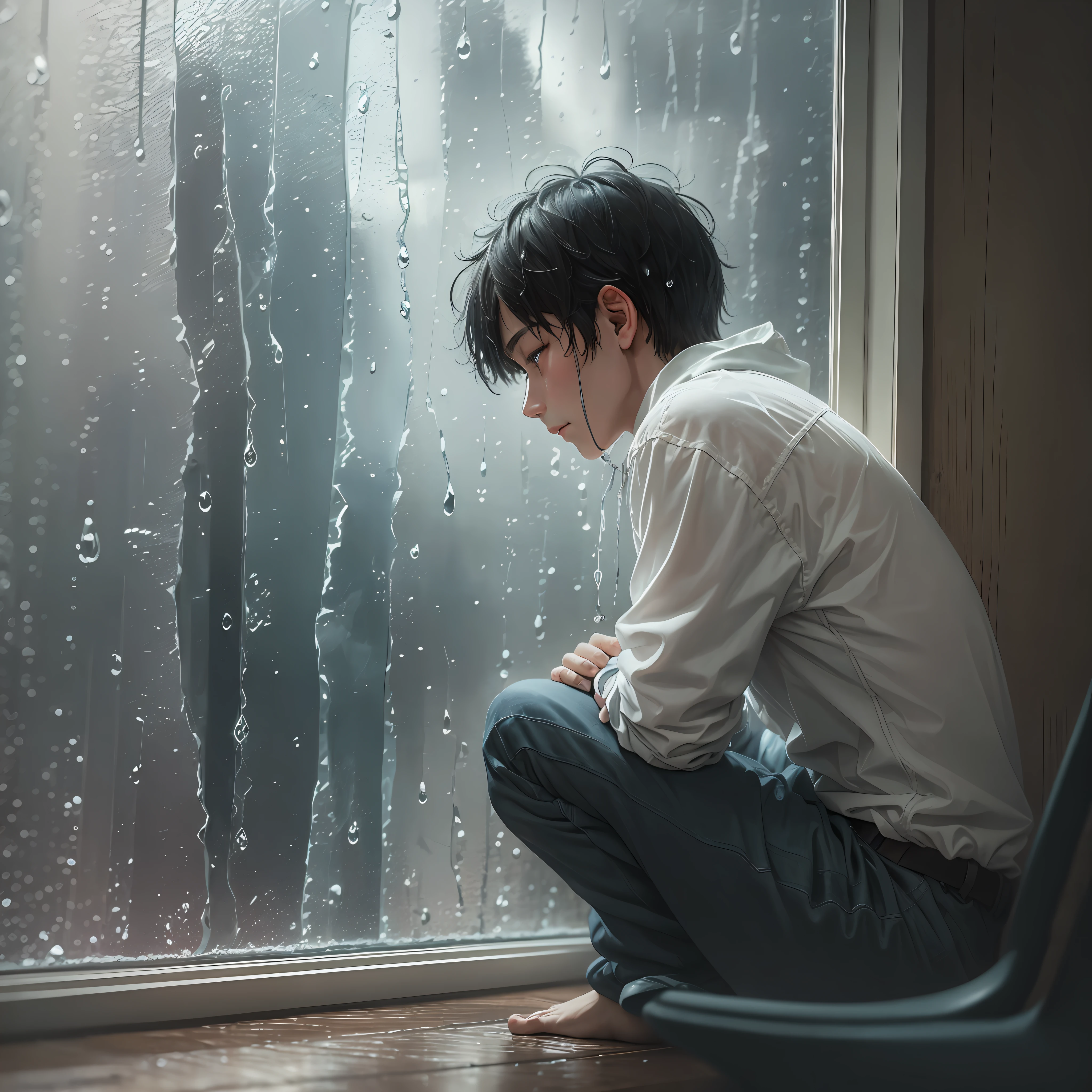 em um dia chuvoso, a depressed person sat in front of the window, looking at the rain outside, With a heavy heart. His eyes were full of tiredness and helplessness, and seemed unable to see the beauty and hope in life --auto --s2