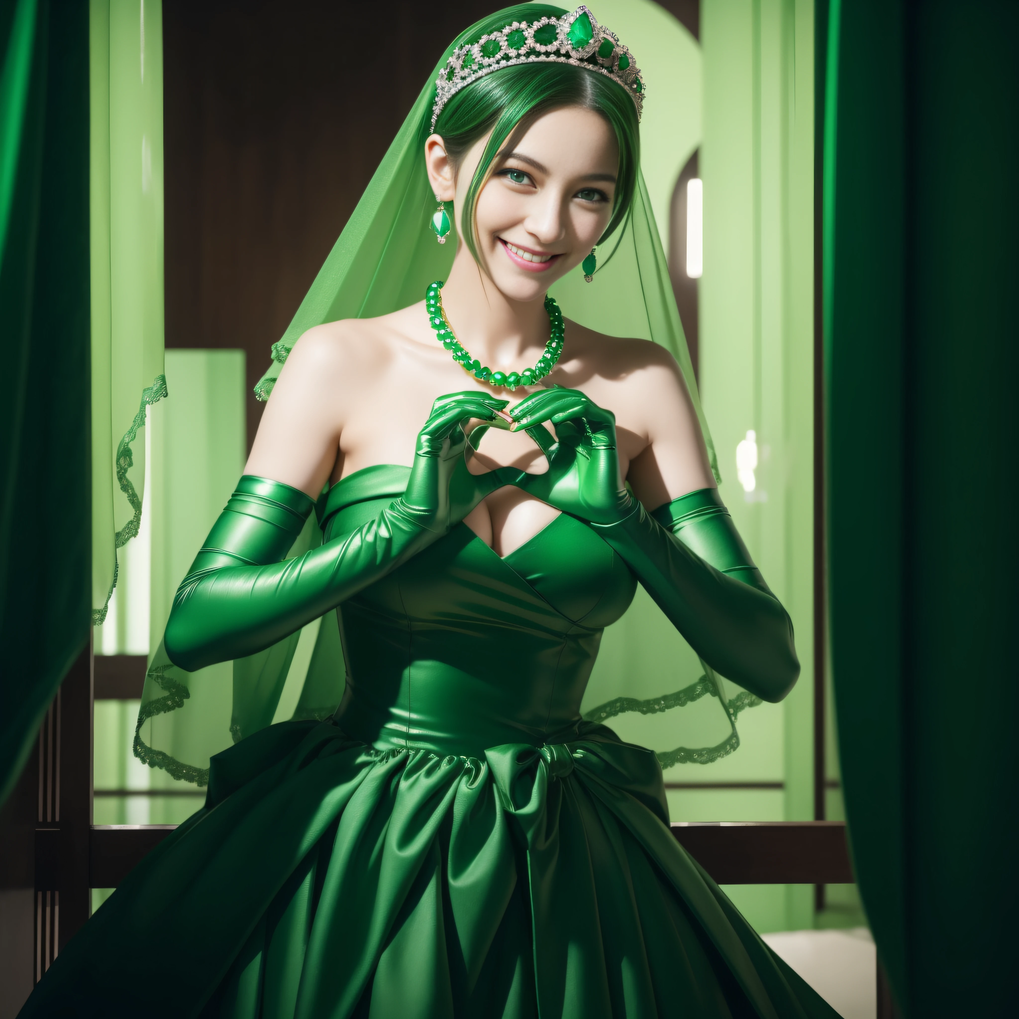 emerald tiara, Green Pearl Necklace, Boyish very short green hair, lipsticks, Japan woman smiling, very short short hair,  big breasts beautiful, Green eyes, Long green gloves made of satin material, Green eyes, Emerald Earrings, green vale, Heart with both hands