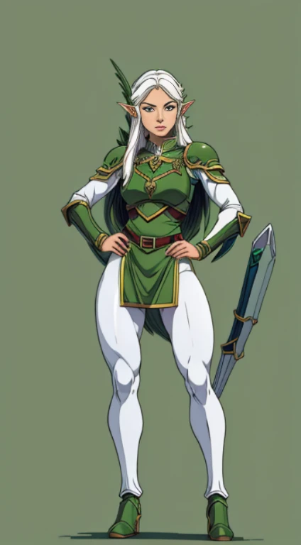 no background, background clean, standing character full body, elf warrior female, pretty face, charming face, long white hair, green armor knight perfect slim body