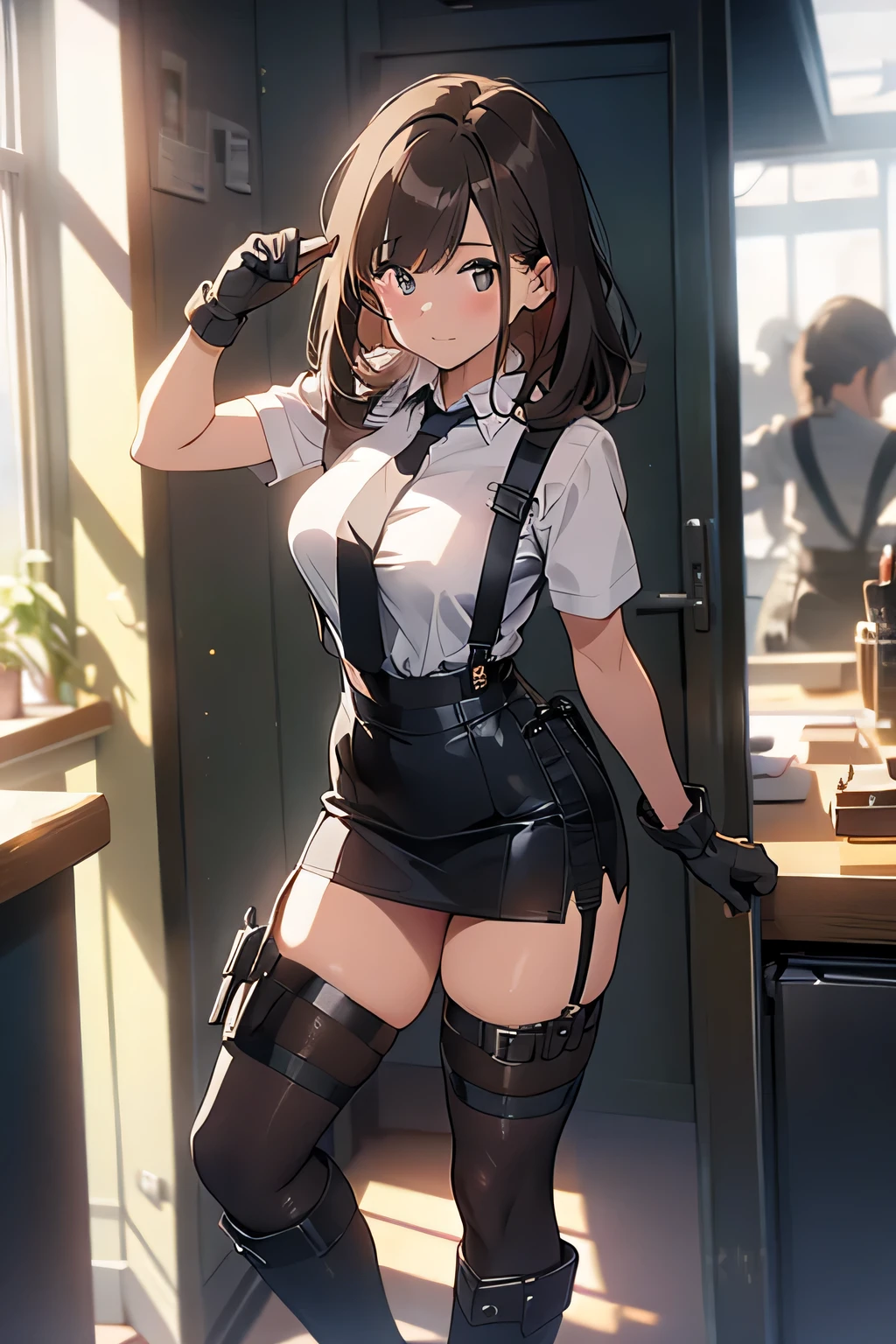 Brown hair、watching at viewers black suspenders bulging big tits walls: Black miniskirt garters Gaze a small face bangss holster Beautuful Women Hands up レッグholster ベッドに横たわる Gaze black boots panty shot Provocation flank flank汗 Single hand gloves arms are