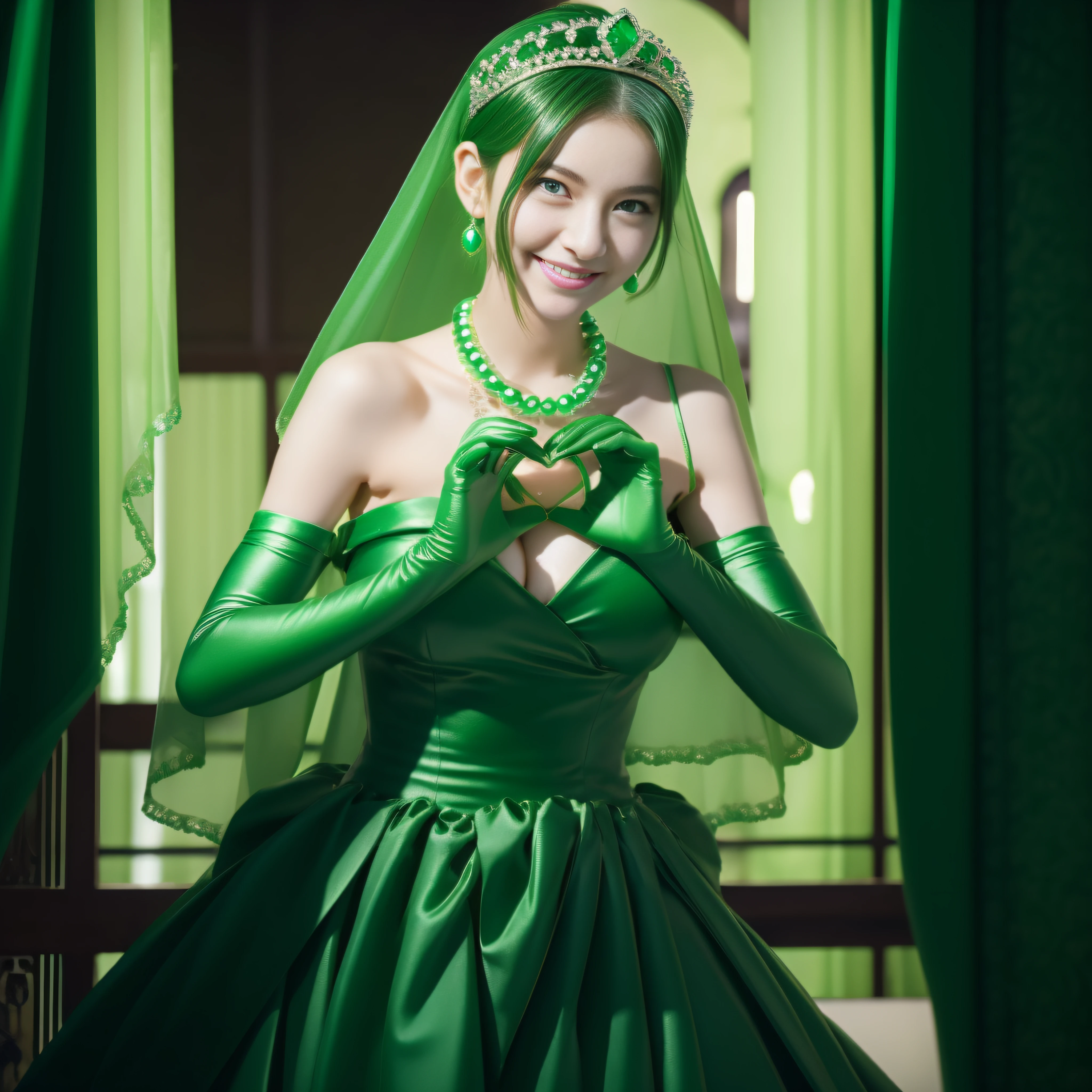 emerald tiara, Green Pearl Necklace, Boyish very short green hair, lipsticks, Japan woman smiling, very short short hair, big breasts beautiful, Green eyes, Long green gloves made of satin material, Green eyes, Emerald Earrings, green vale, Heart with both hands