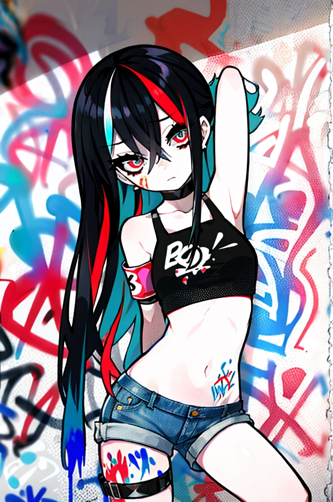 absurdres, best quality,1girl, solo, streaked hair, crop top, denim shorts, choker, (graffiti:1.25),  paint splatter, arms behind back, (slouching), leaning back, against wall, (leaning to the side:0.125), looking at viewer, armband, thigh strap, streaked hair, paint on body, upturned eyes, head down, head tilt, (from side:0.9), bored, (expressionless:0.75),  lam \(ramdayo\)